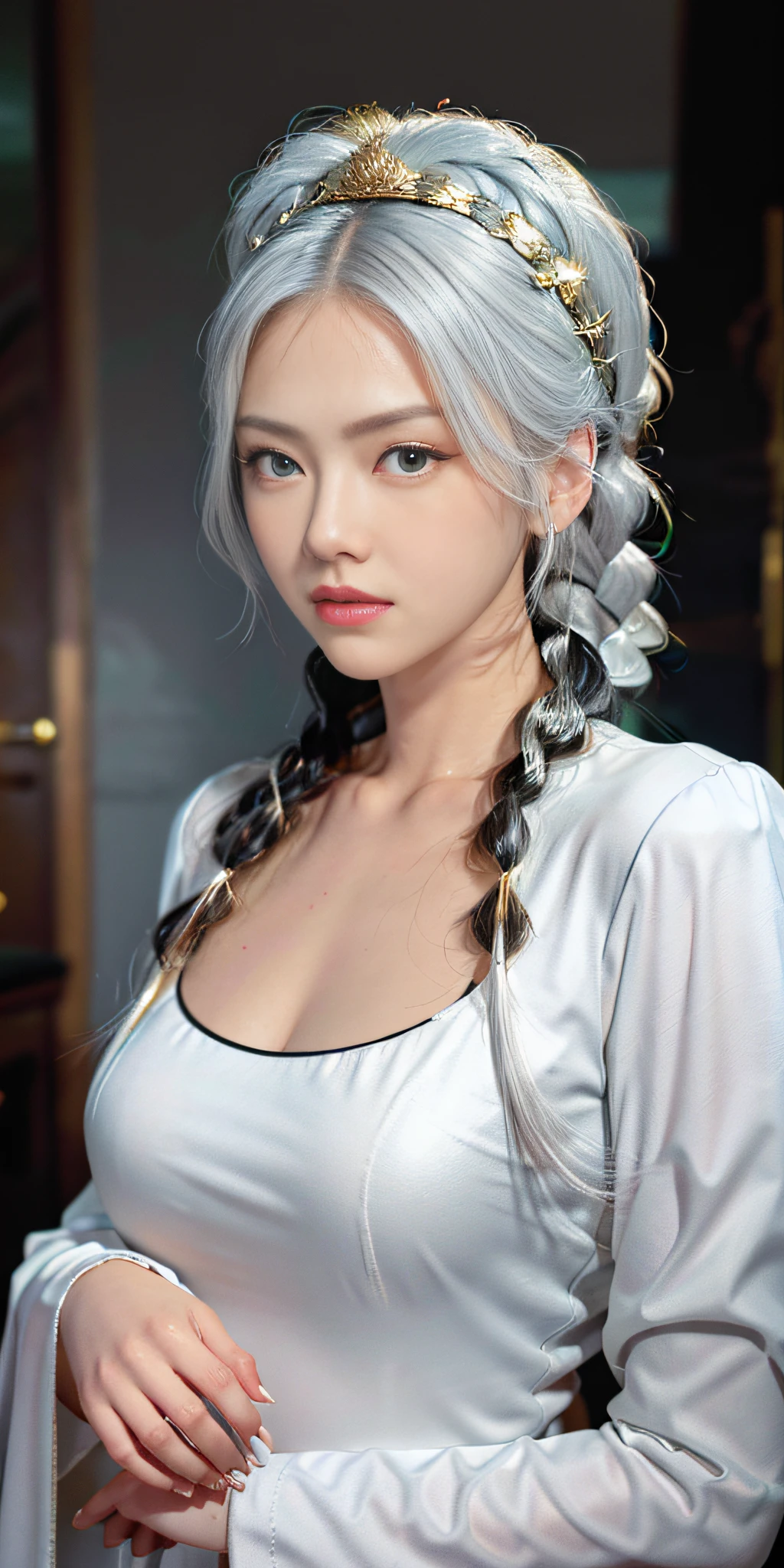 best quality, masterpiece,white hair, gold eyes,white clothes, looking up, upper body,hair strand,Fair skin,side braids
