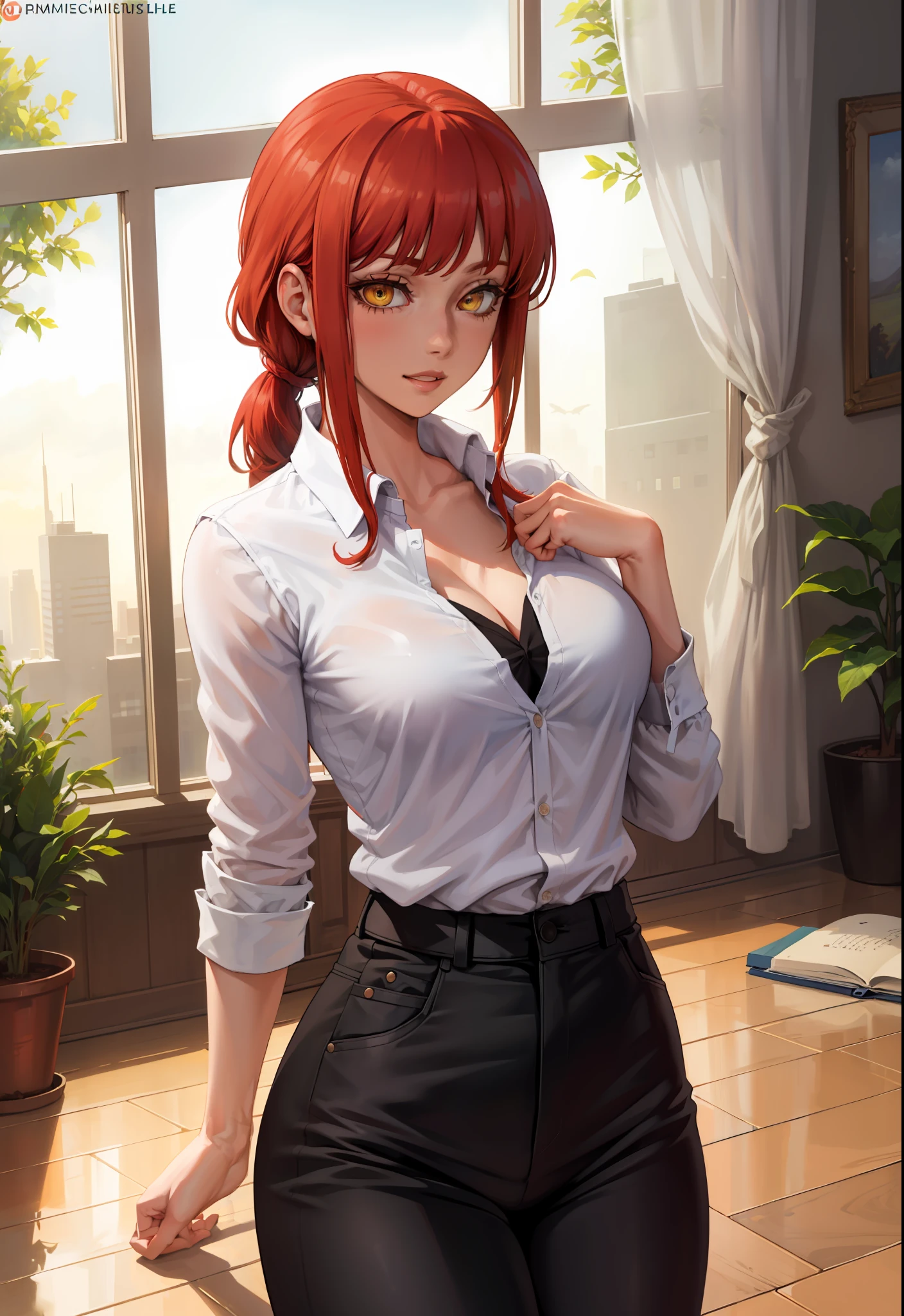 (masterpiece, best quality:1.2), solo, 1girl, red hair, yellow eyes, makima,, unbuttoned shirt with collar, on the chest, a lot of, black unbuttoned pants, wide hips,