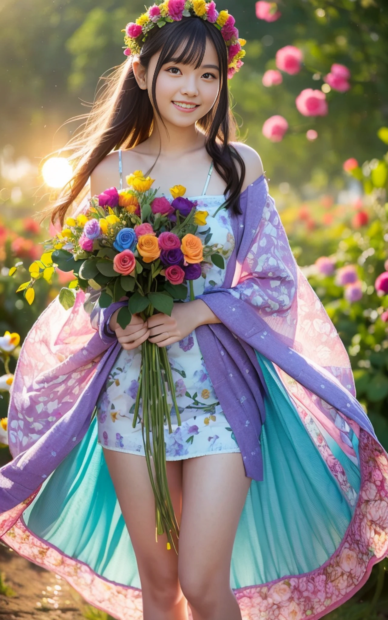 Full body photo,((((Slim body)))),20 years old, twilight rays, rose print slip dress, flower crown, ((Tokugawaen)), rose front bokeh, bokeh, photorealistic, surrounded by colorful roses, ((((smiling)))))), (1 girl), (sunset:1.3), (8k, RAW photo, best quality, masterpiece:1.2), (realistic, photorealistic:1.37), Best Quality, Ultra High Definition, (Standing in the Flower Garden:1.3), (Vibrant and Colorful:1.3)
