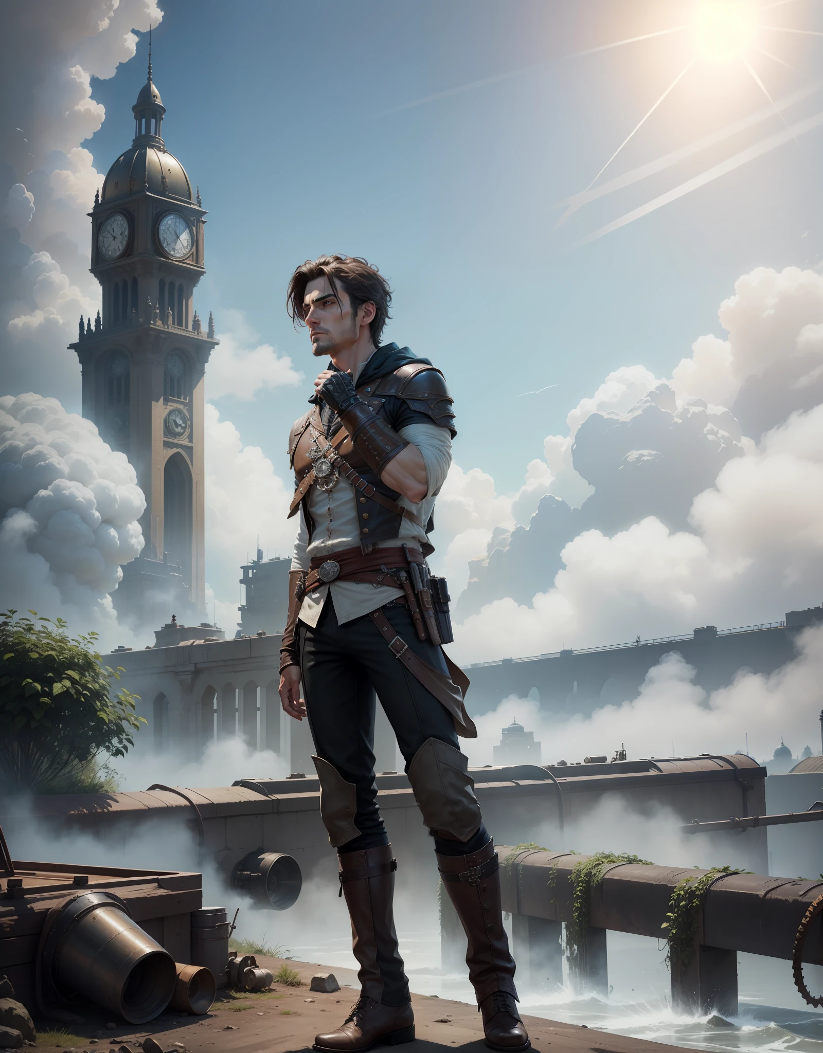 (realistic, highres, ultra detailed), 1 male, young face, no beard, mature, manly, tall muscular, handsome, finely detailed eyes, intricate details, portrait, looking at viewer, solo, (full body:1), detailed background, assassins creed, master assassin, black rugged leather assassin clothes, hood, capelet, leather pouches, rebel, dynamic pose, fighting, steampunk setting, steampunk theme, steampunk style clothes, gears, tubes, steam, sparks, sewers in background, dirt, sunshine, roof