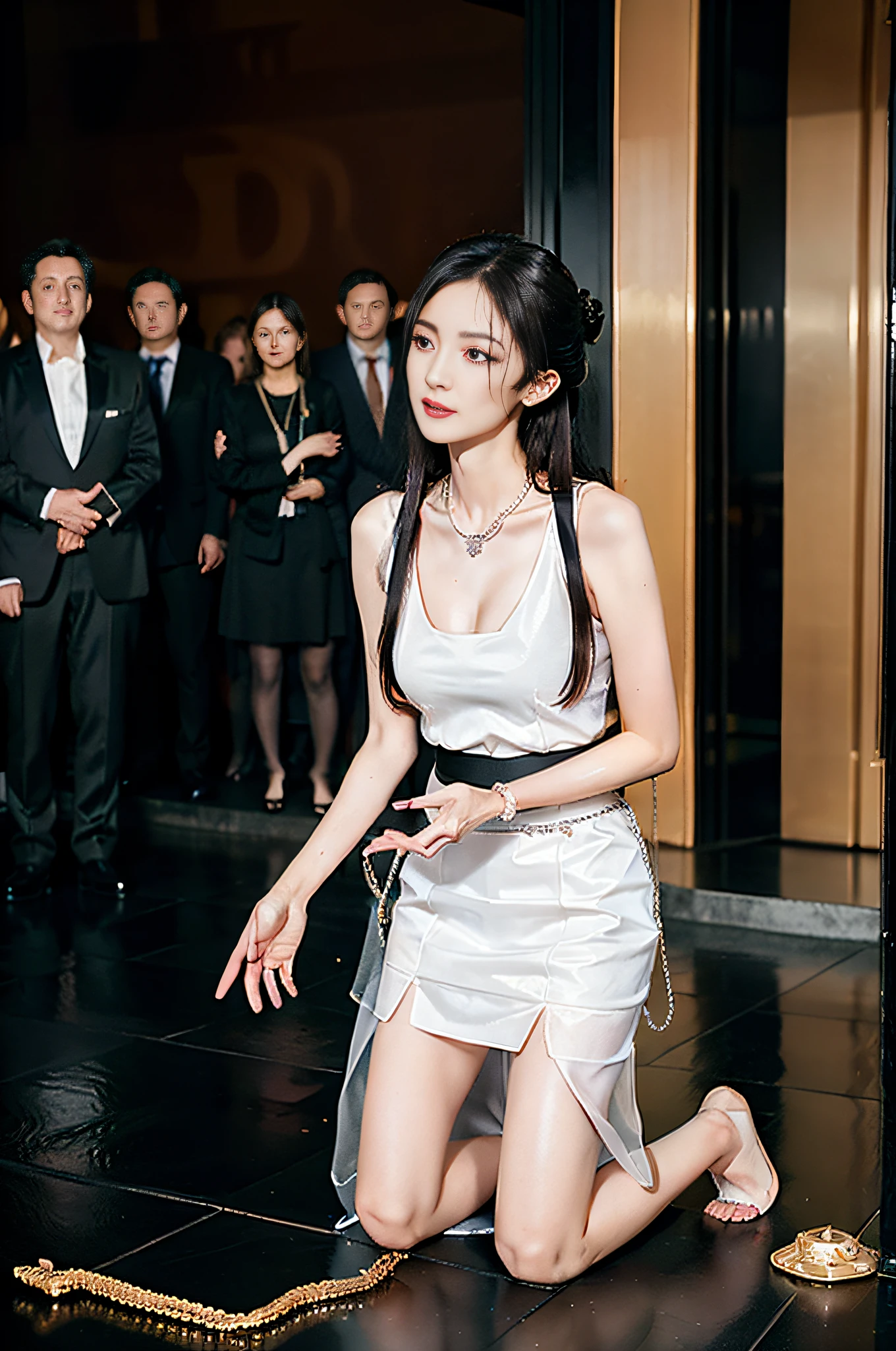 1girl, solo, brunette hair, , (blood volume: 1), , full body, (realism: 1.4), official art, unreal 8k wallpaper, super detailed, beautiful aesthetics, masterpiece, best quality, (dynamic angle: 1.4), , elegant, bright colors, romantic, sexy, transparent, see-through, chinese hanfu, bare breasts, (transparent skirt), barefoot, (wet), (see-through), (chains), collar, temptation, (crowd onlookers), (slave market), slave auction, slave trade, kneeling, humiliation, (with a price tag around his neck)