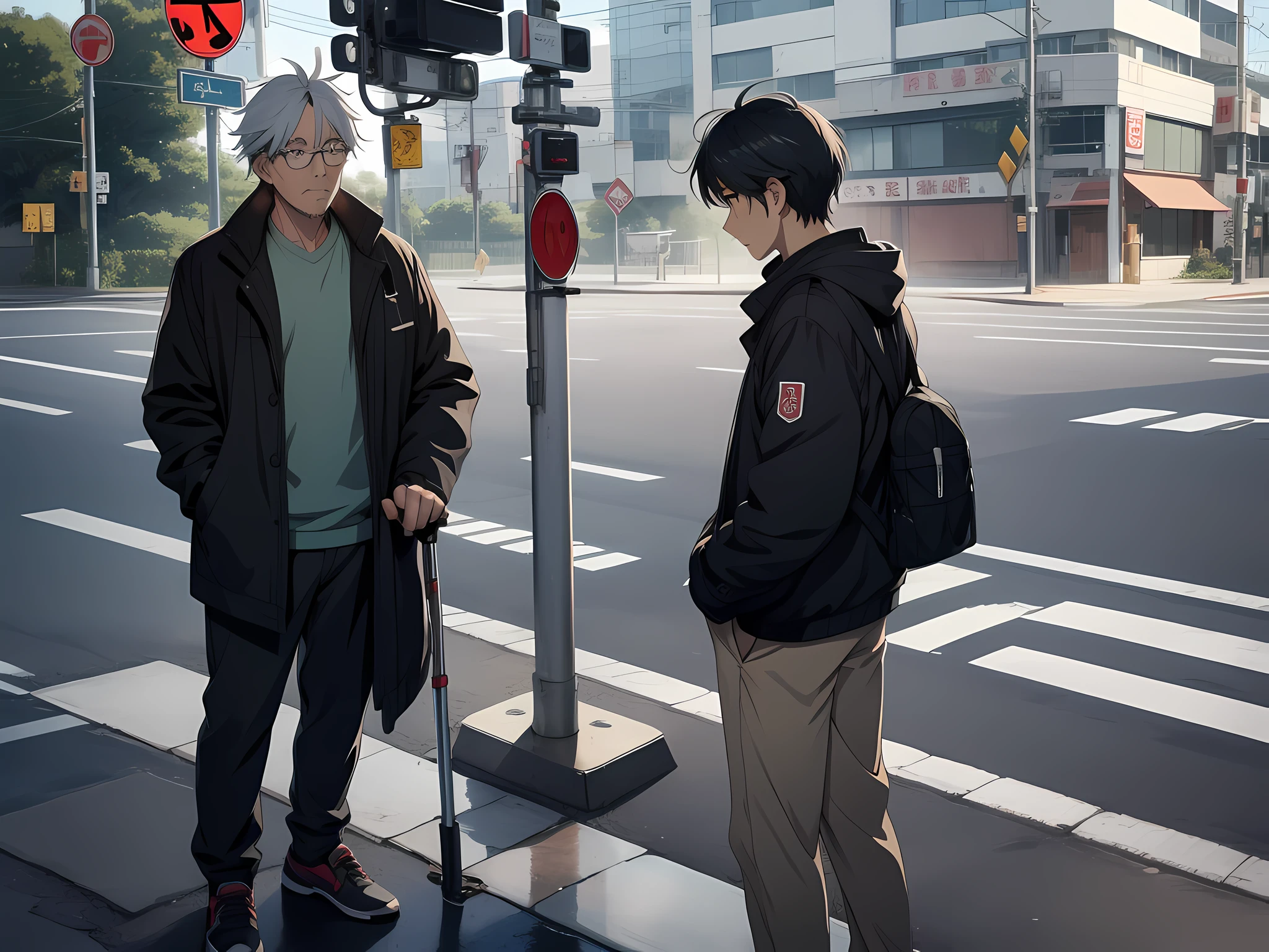 On the side of the road, a middle-aged uncle with a broken leg with a broken leg on crutches is waiting for signal lights, manga, anime style
