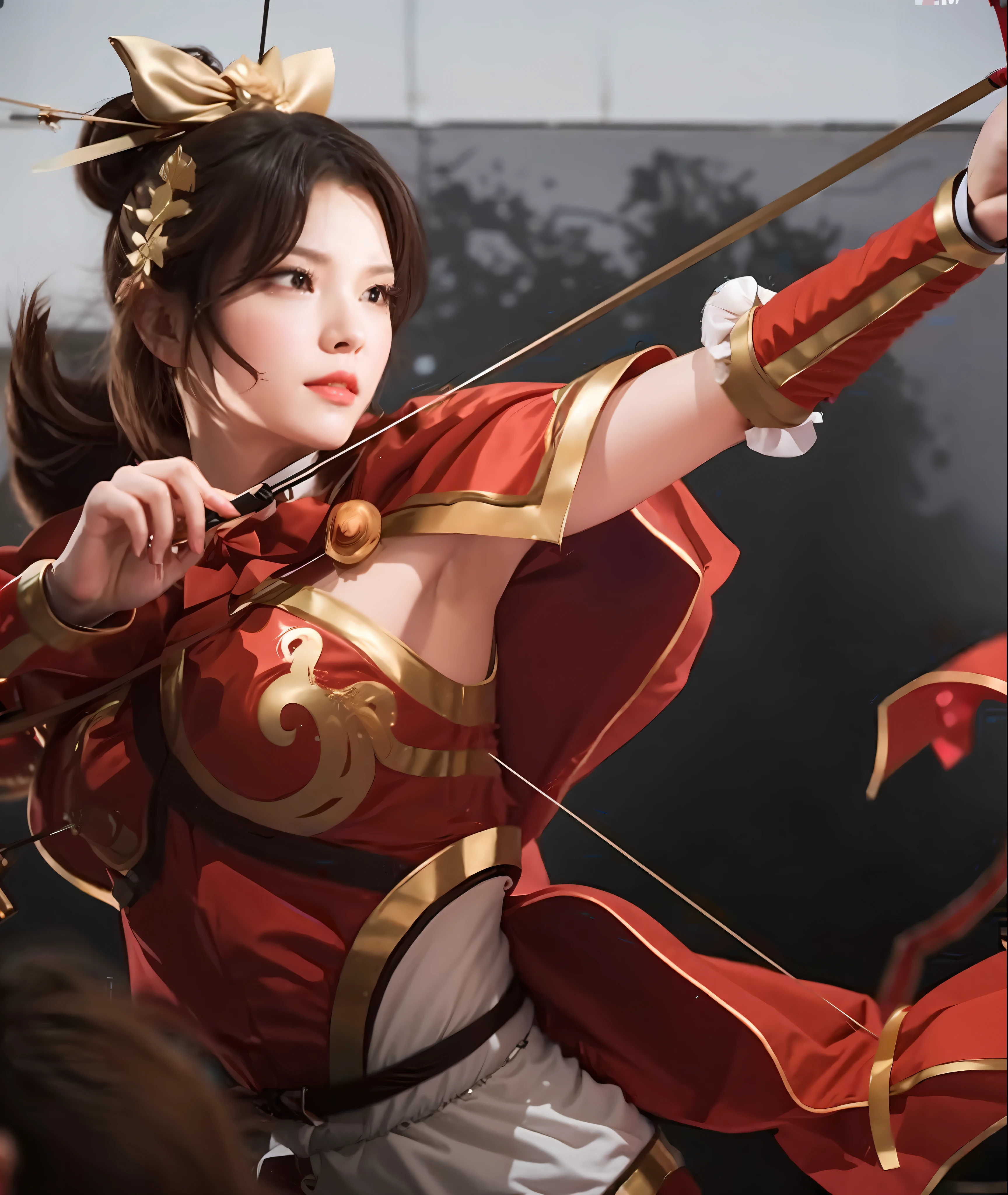 a woman in a red costume with a bow and arrow, a female archer,