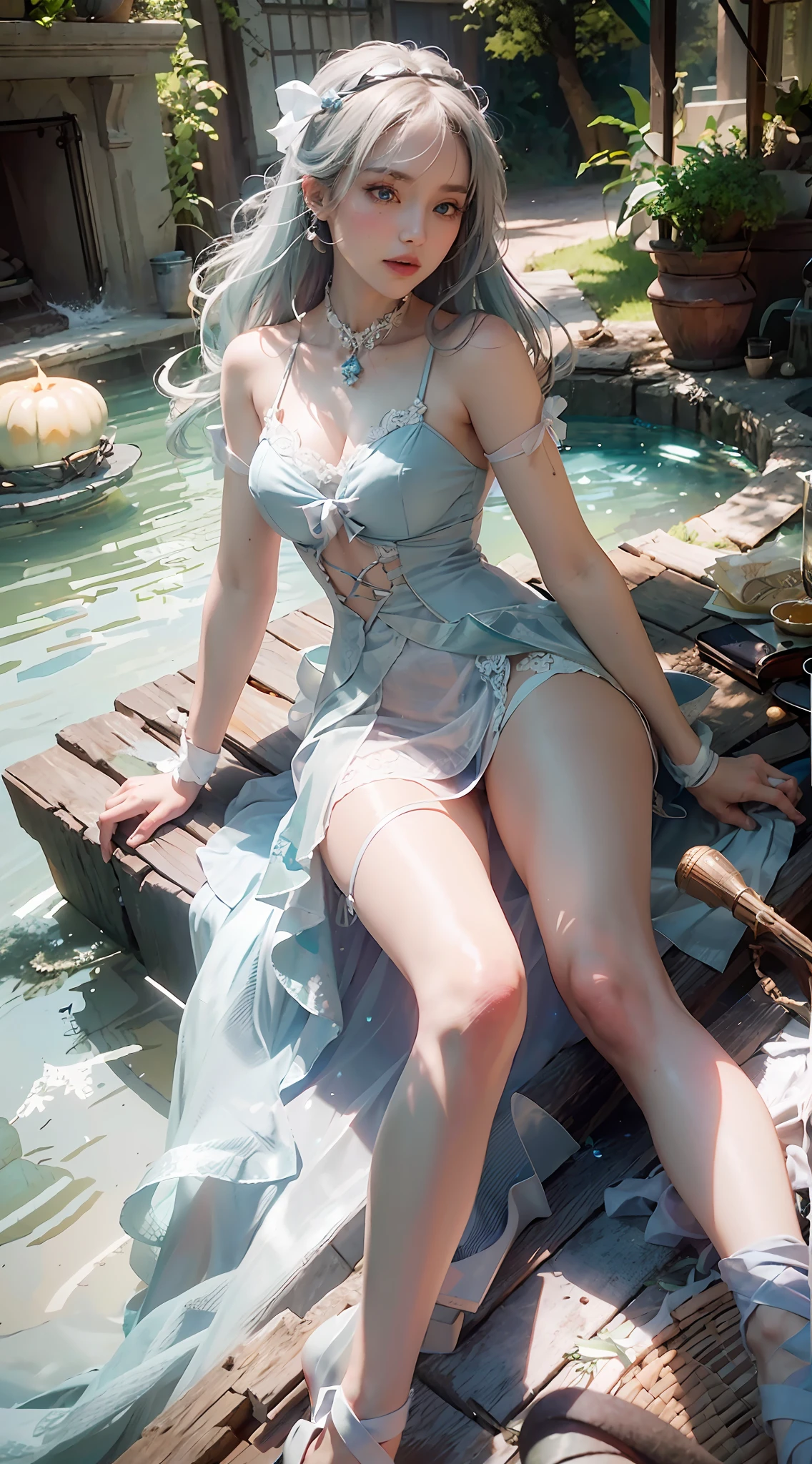 ((Best Quality)), ((Masterpiece)), (Details: 1.4), 3D, A Beautiful Beauty, (Light Blue Long Hair, Ribbon: 1.9), (Pure White Long Dress: 1.7), (Crystal Shoes: 1.6) (Green Eyes: 1.5), HDR (High Dynamic Range), Ray Tracing, NVIDIA RTX, Super-Resolution, Unreal 5, Subsurface Scattering, PBR Textures, Post-processing, Anisotropic Filtering, Depth of field, maximum sharpness and sharpness, multi-layered textures, albedo and specular mapping, surface shading, accurate simulation of light-material interactions, perfect proportions, Octane Render, two-color light, large aperture, low ISO, white balance, rule of thirds, 8K RAW,