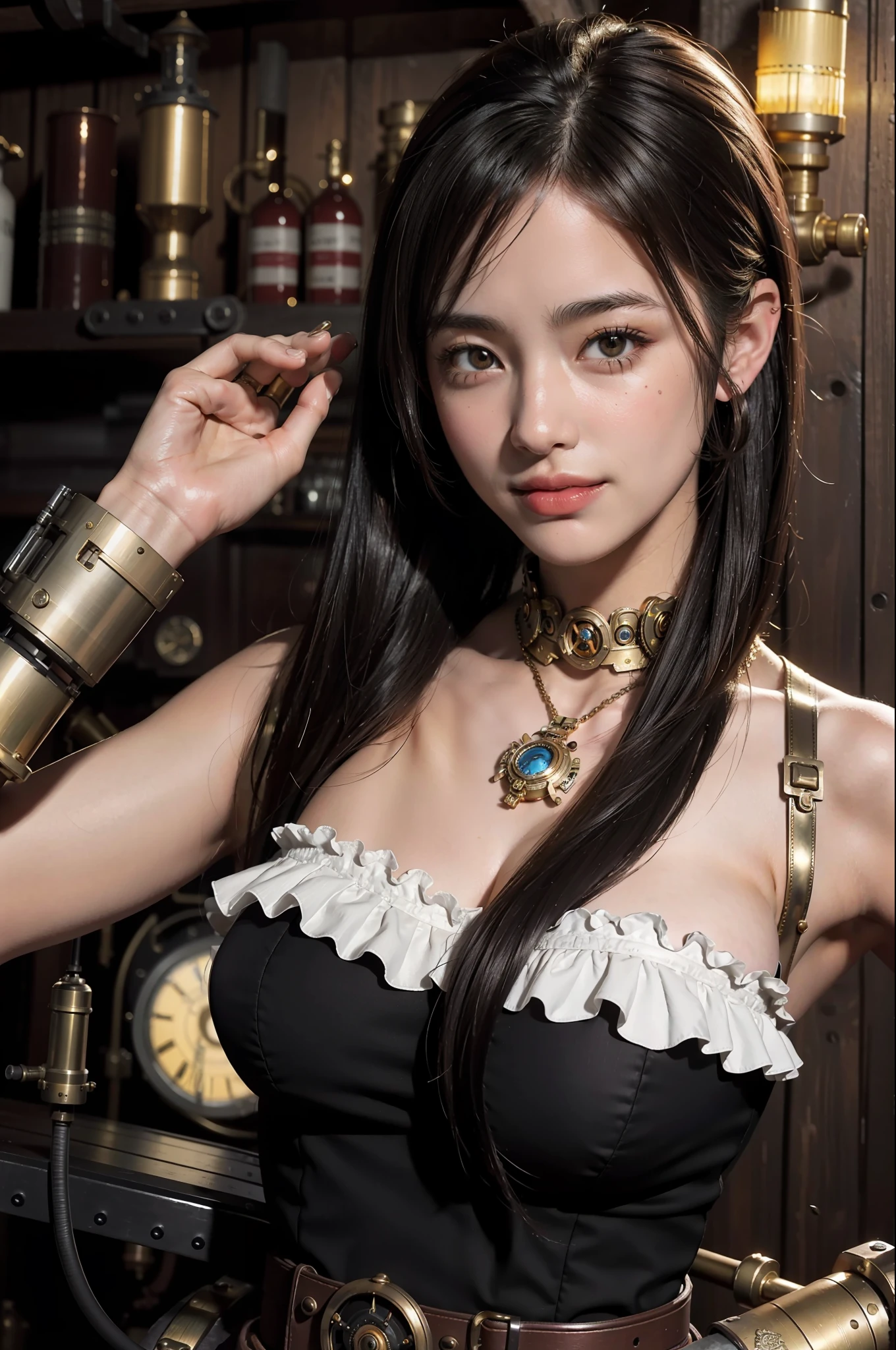 Best Quality, Masterpiece, Ultra High Resolution, Steampunk, Bronze City, Robotic Arm, Heavy Machinery, Steam Engine, Classical British Style, 1girl, beautiful girl, Tifa, Asian face, British costume, monocle, alchemist, smile, upper teeth,