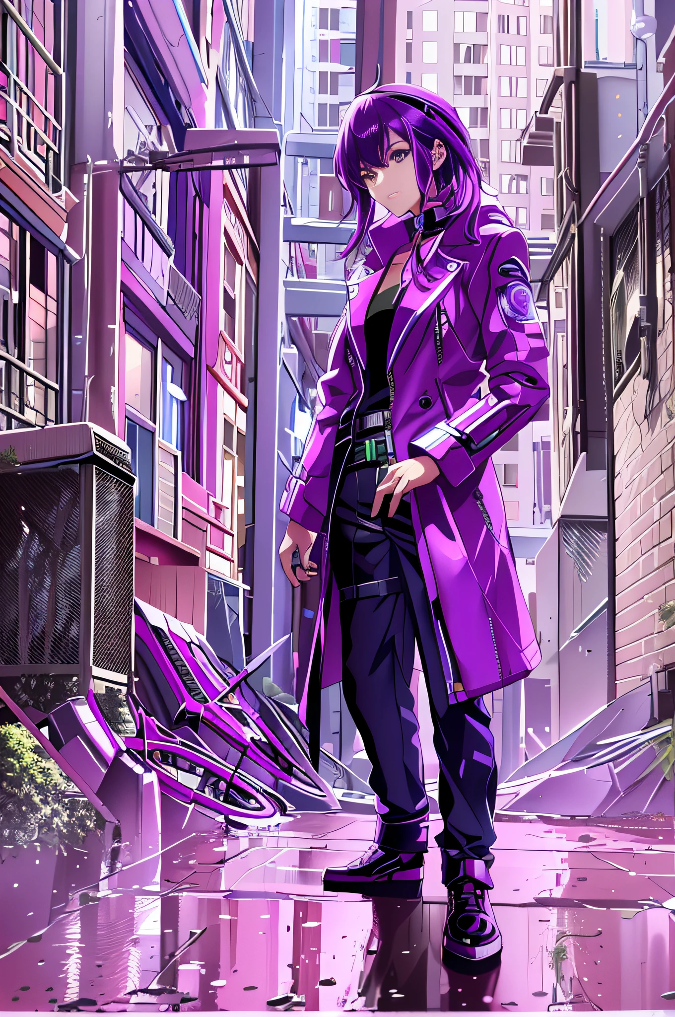 anime character in a purple outfit standing in a city street, in cyberpunk city, in cyberpunk style, cyberpunk assassin, cyberpunk wearing, female cyberpunk anime girl, hyper-realistic cyberpunk style, cyberpunk anime girl, cyberpunk outfit, in a cyberpunk city, at a cyberpunk city, cyberpunk judy alvarez, cyberpunk fashion, at an cyberpunk city, cyberpunk anime girl in hoodie