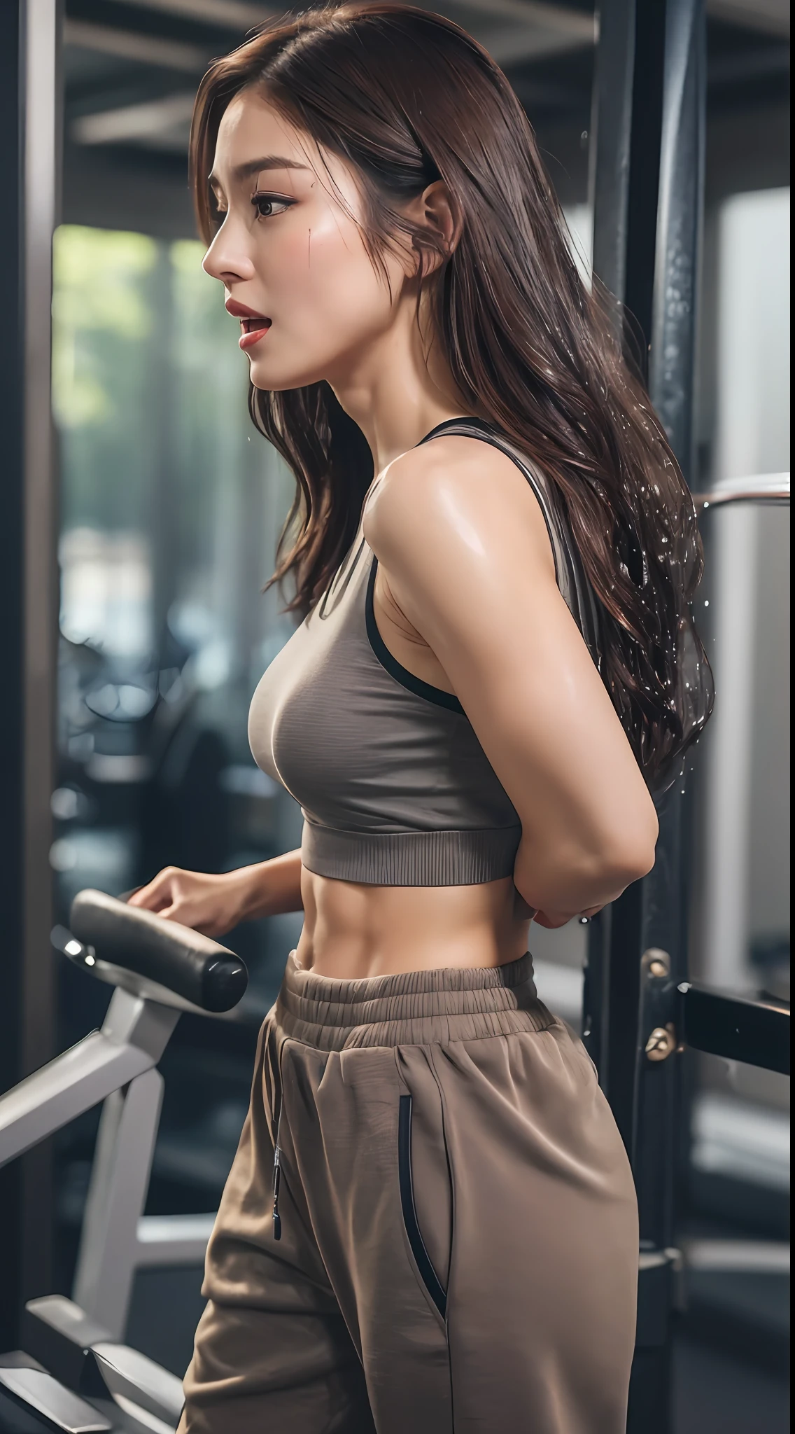 ((top quality, 4K, masterpiece: 1.3)), screaming profile, beautiful woman with perfect figure: 1.4, (abs, developed hand muscles: 1.2), dark brown hair, sweatpants, wet body, gym, highly detailed face and skin texture, detailed eyes, double eyelids