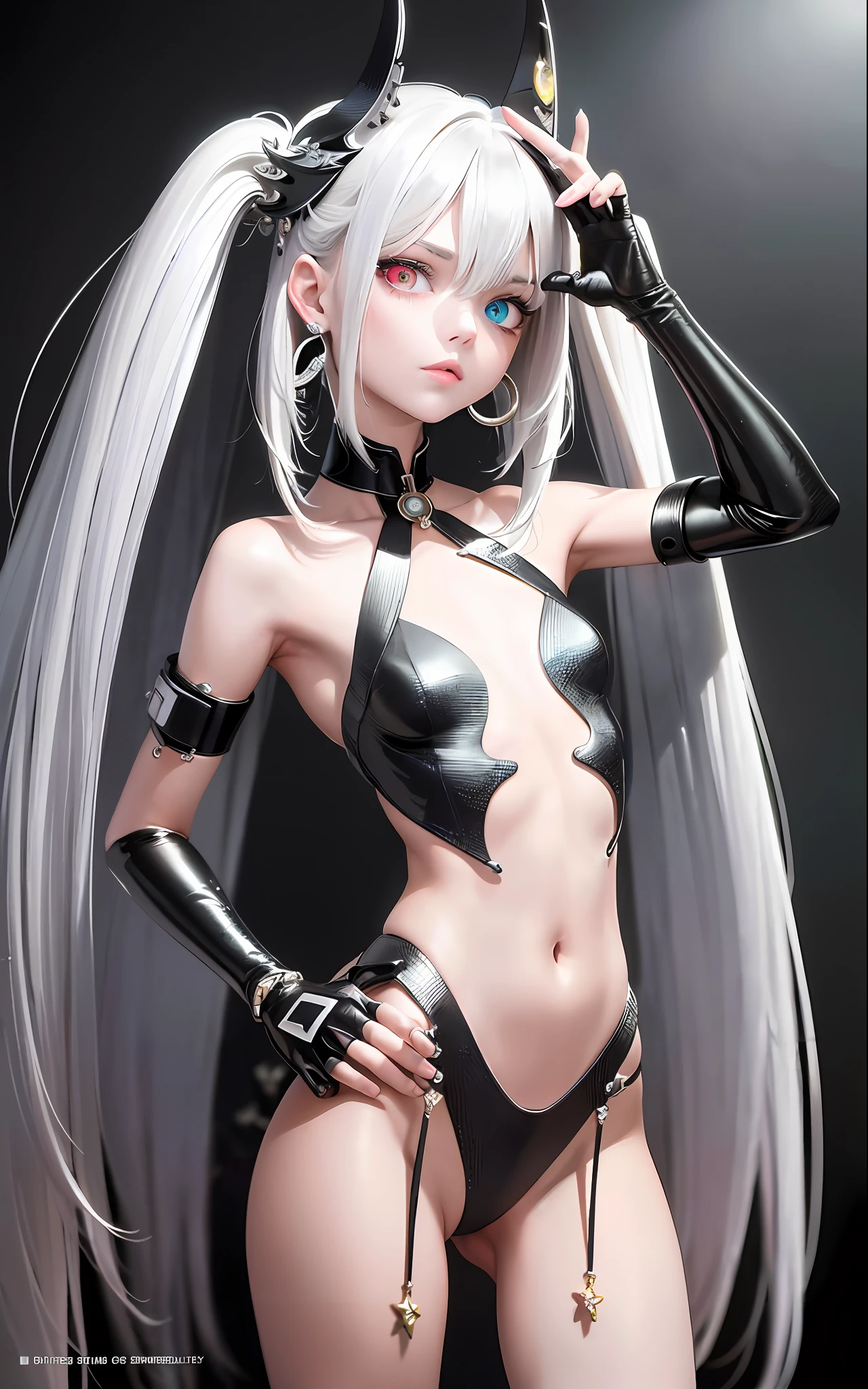 Best, Masterpiece, High Resolution, Best Quality, Ultra HD, Super Detail, Award-Awarded, 16k, (Upper Body), Beautiful Girl, Gray Hair, Hair Strands, ((Heterochromia)), Hanging Eye Corners, Fair Skin, (Small), (Slim Body), ((Protective Clothing)), Stud Earrings, (Neck Rings), (Short Glove with Four Fingers and One Thumb Best Proportion)