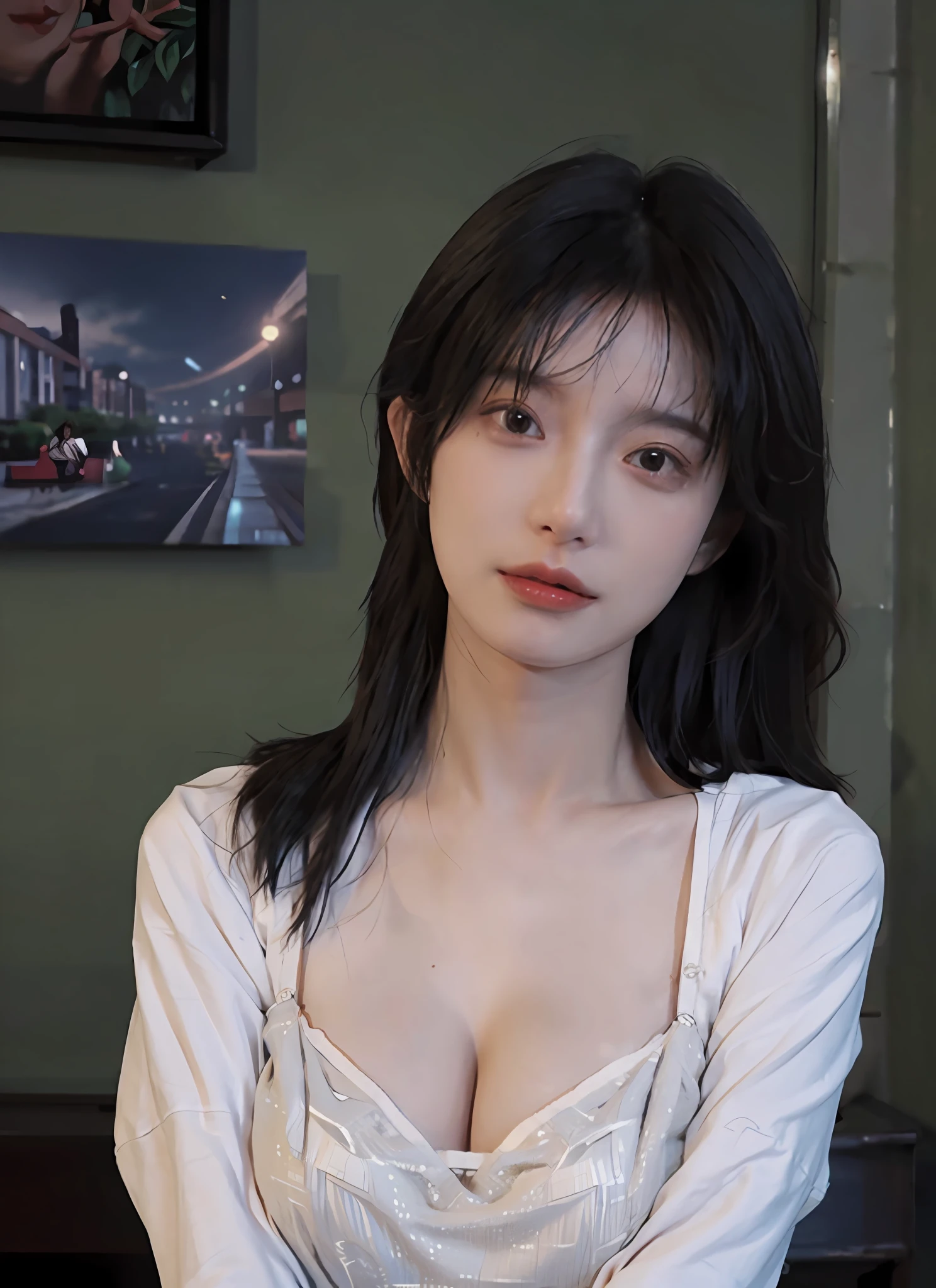 Best quality,masterpiece,ultra high res,(photorealistic:1.4),1girl,sexy,(shirt:1.2),(bra:1.2),(large breast:1.3),(upper body:1.4)