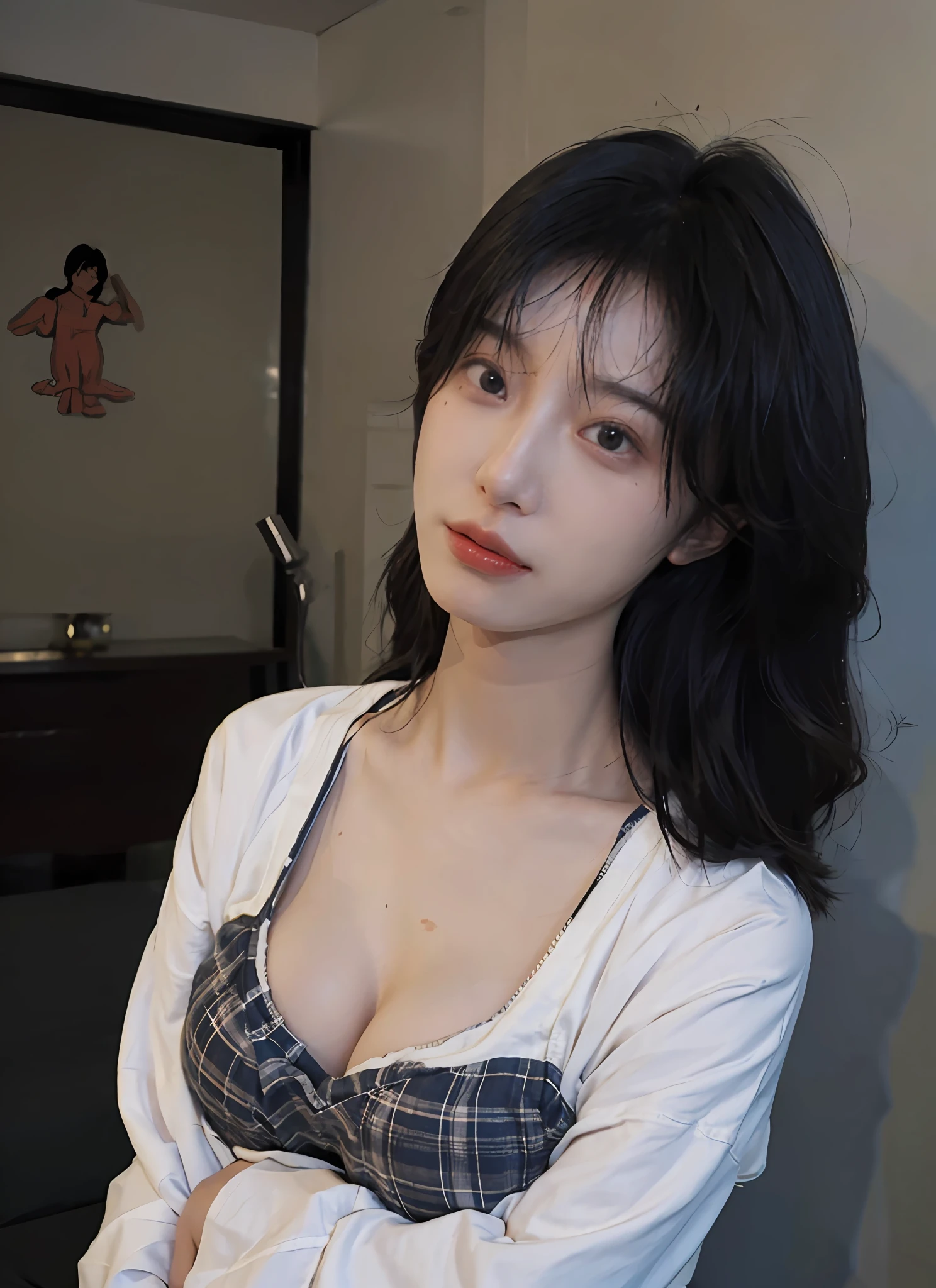 Best quality,masterpiece,ultra high res,(photorealistic:1.4),1girl,sexy,(shirt:1.2),(bra:1.2),(large breast:1.3),(upper body:1.4)