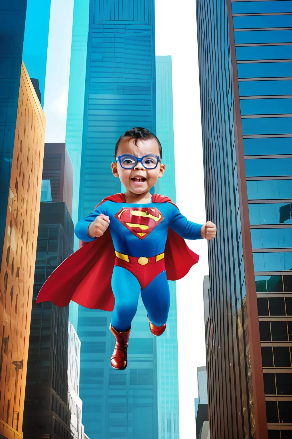 GuttonerdVision4, a three-year-old boy wearing glasses, super detailed, wearing Superman's outfit, flying and floating between tall buildings of a city.