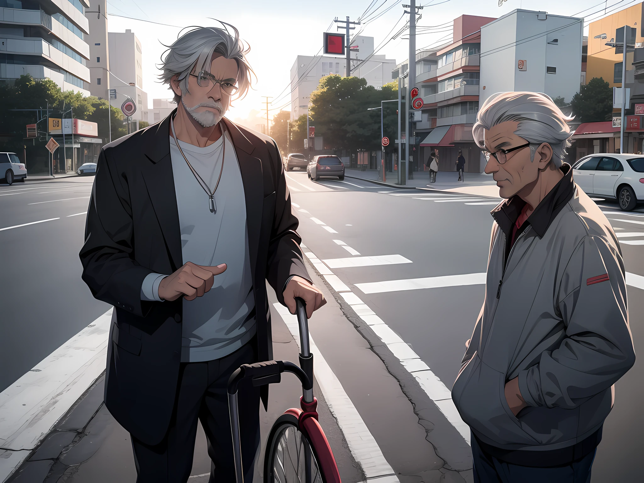 On the side of the road, a middle-aged uncle with a broken leg and a disabled gray-haired man on crutches is waiting for signal lights, manga, anime style