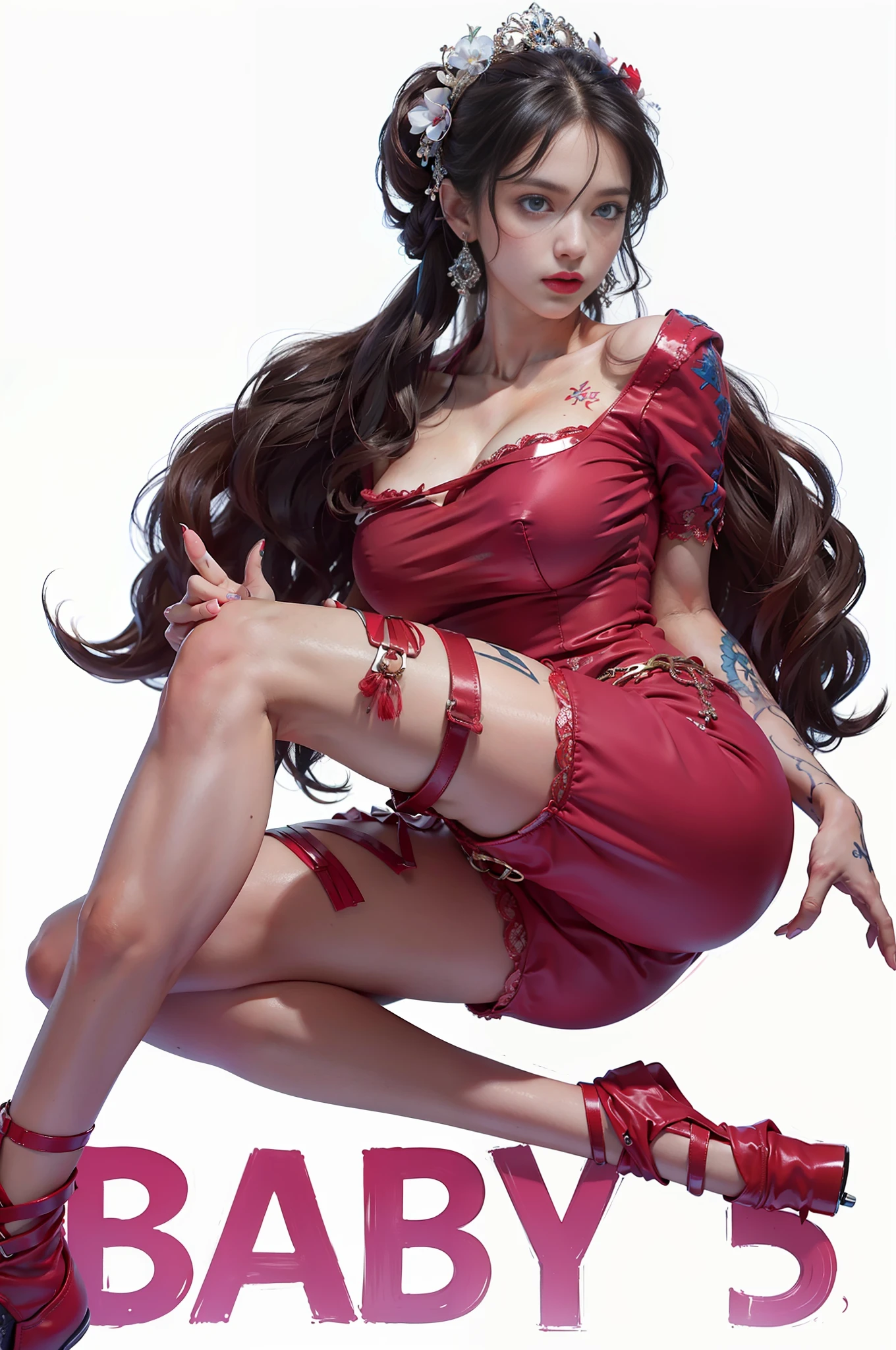 (female:1.2) (bodybuilder:0.8), hyper realistic, masterpiece, photorealistic, real skin, detailed face, detailed skin, detailed lighting, 1girl, (blue eyes), large breasts, cleavage, long hair, black hair, red lips, cute, pretending to be shy, thigh, amazing pose