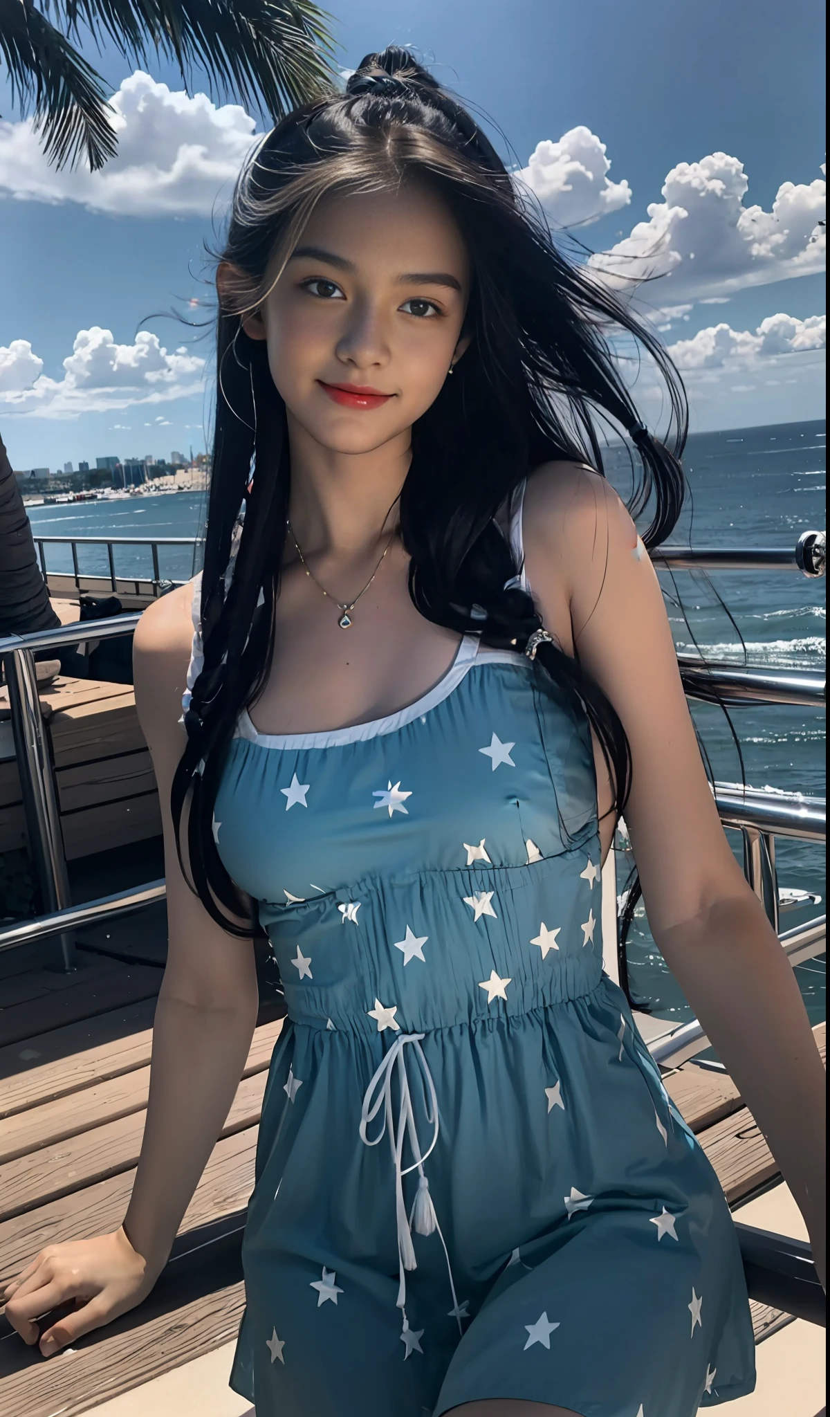 Cinematic lighting, cinematic style, best quality, blue sky, white clouds, long hair, (European and American girls), 18 years old, double eyelids, 1girl, medium points, flowing hair, delicate hair, real, city, block, street, background bokeh, Boston coast, eye shadow, European architecture, seaside, (American flag), swimsuit, smile