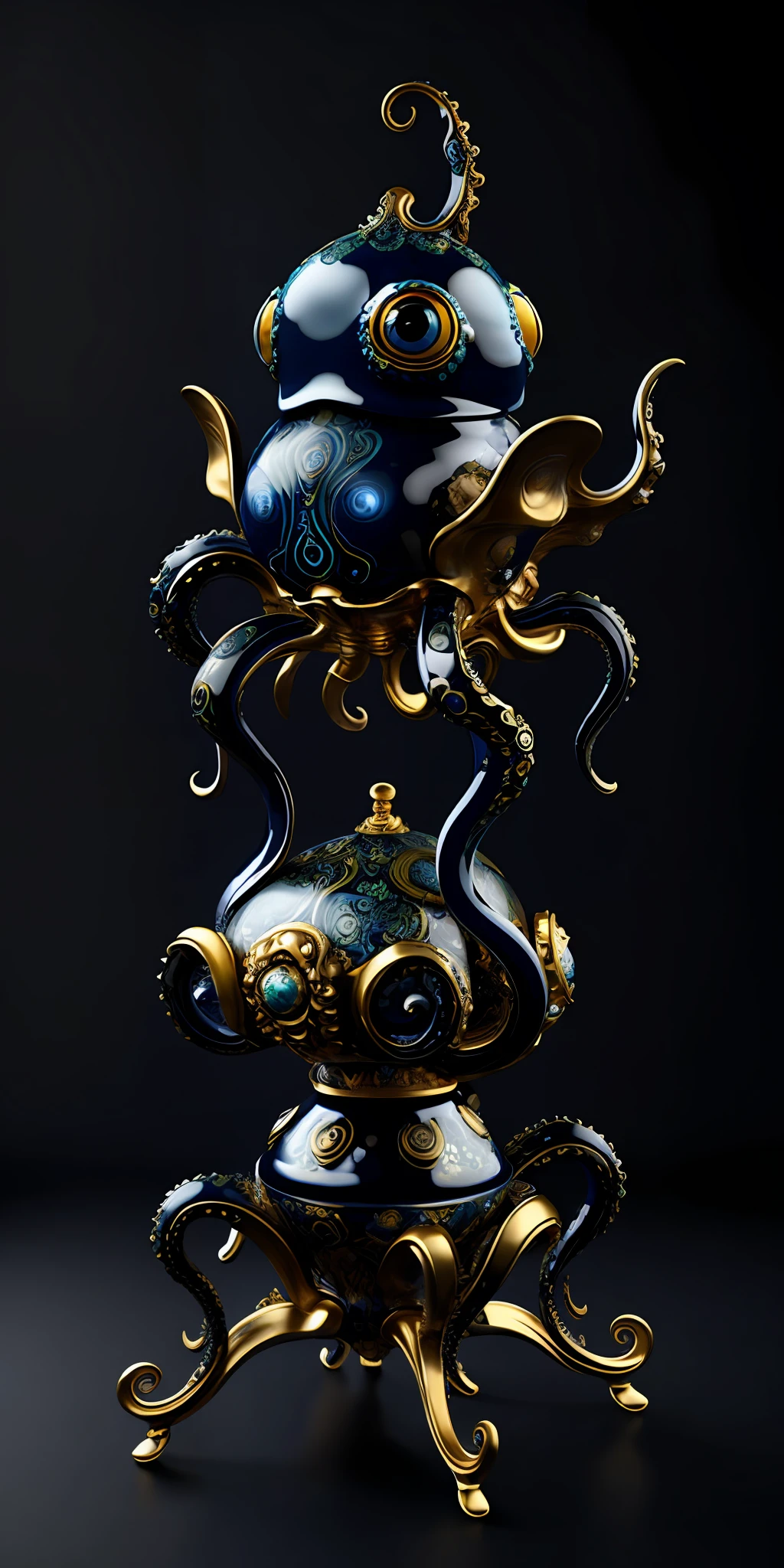 (black porcelain, Gzhel, rococo:1.0),
Octopus - A slimy, eight-legged sea creature with a bulbous head and large, unblinking eyes.