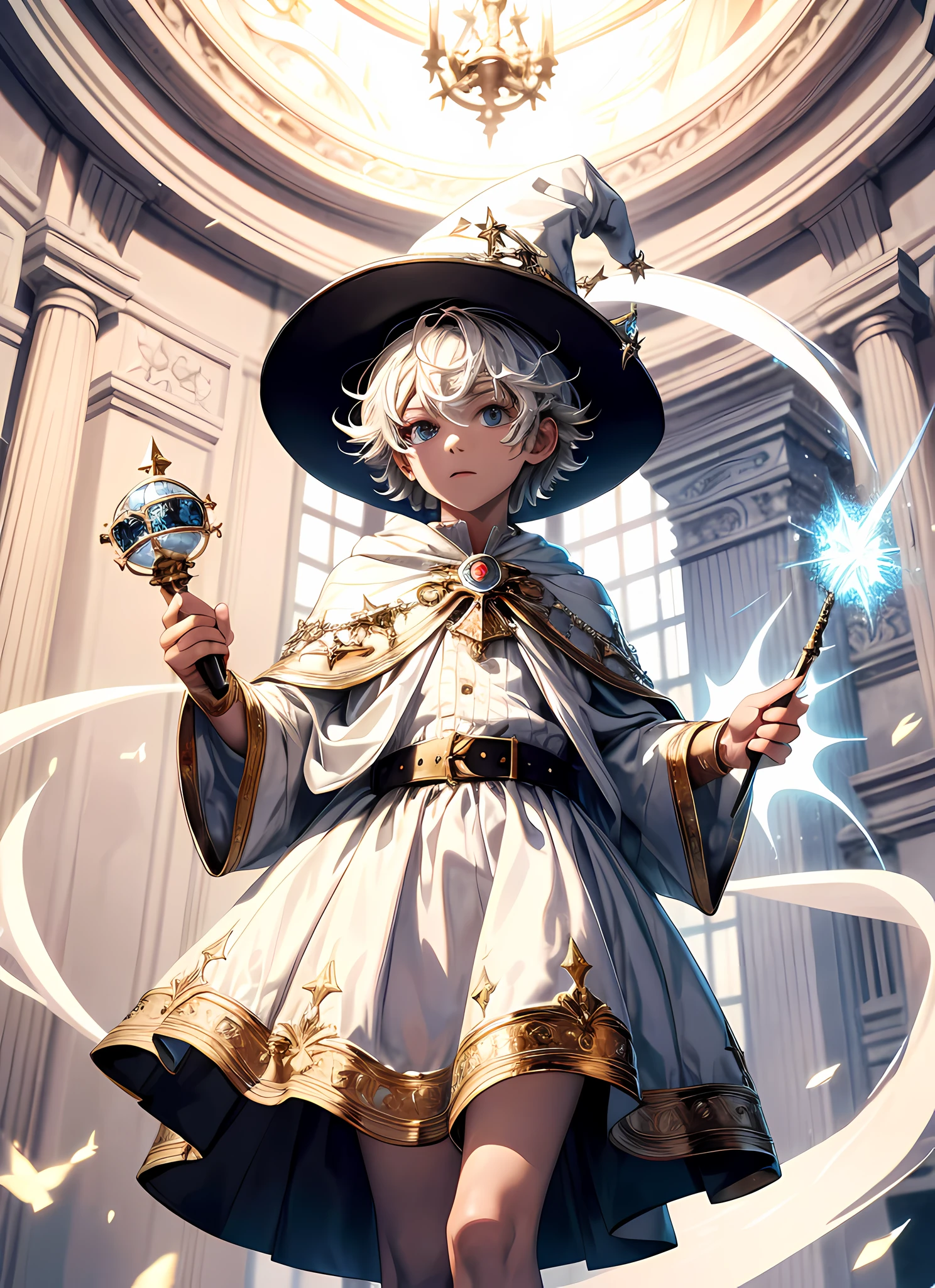 (absurdres, highres, ultra detailed), masterpiece, best quality, a boy in a hat and a white outfit, wizard, solo, handsome, short hair, finely eye, detailed face, magic wand, standing, lift arm, demon hand, spark, swirl, magic vortex, magic circle, ceiling, gnome, geometric, anti gravity