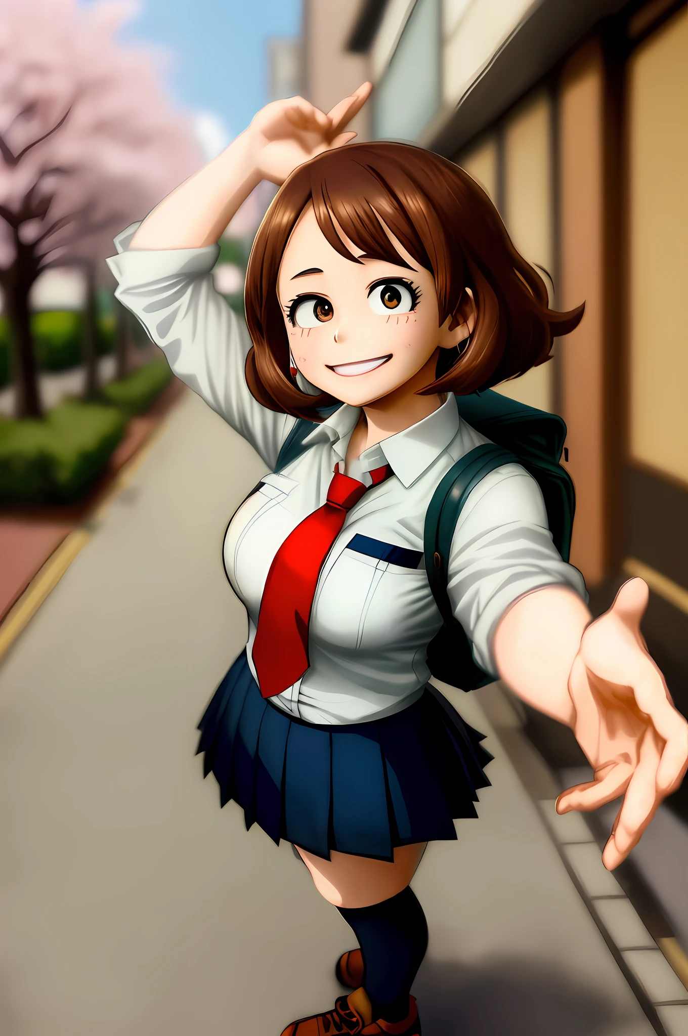 [ochako uraraka; Boku no hero academia], ((solo portrait)), ((raw photo)), ((High definition)), ((anime)), ((Kohei Horikoshi)), ((raytracing)), ((detailed shading)), ((intricate details)), {ochako; (blushy cheeks, big round brown eyes, short brown hair, short eyelashes, large boobs, beautiful legs), (school uniform; grey blazer, white shirt, red tie, yellow buttons, short blue skirt), (excited smile; mouth open)}, ((standing on side walk, looking at viewer), waving at camera), [Background; (outside daytime; school, sunny, cherry blossom trees, sun rays through trees)]