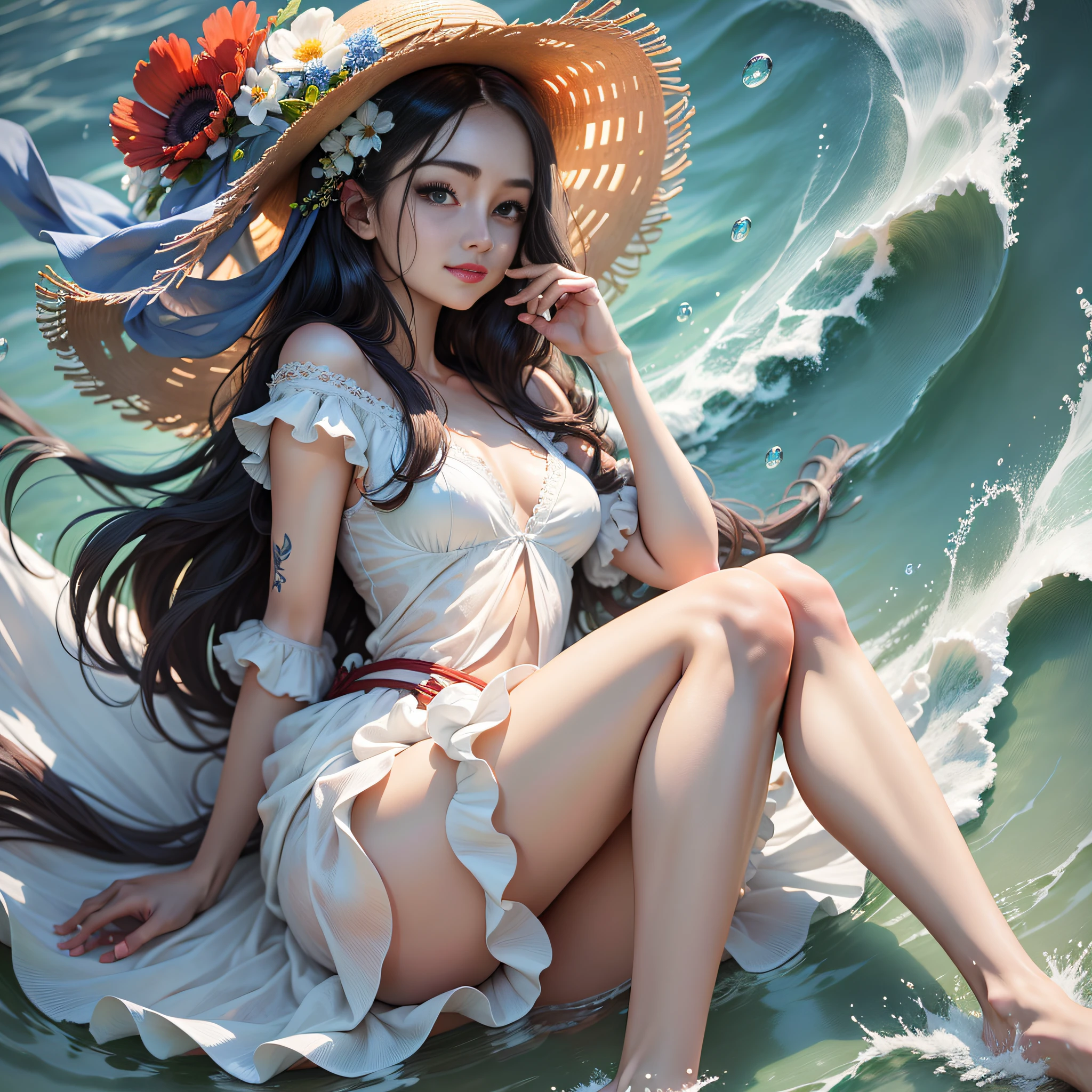 (8K:1.27), Best Quality, Masterpiece, Ultra High Resolution:1.2 No overlapping faces, on the seaside reef Sit sideways Smile back White dress beauty No waist Bright eyes Red lips Sweet smile Pastoral straw hat Flower gauze hat Correct hat Flying in the wind Delicate facial features 8K HD Small white booties Best ratio Large aperture Bokeh 1.4 aperture The background is blue sea Splashing Girl thin waist Long legs HD skin Sweet look Dreamy aesthetic Ultra-detailed face, detailed skin, high-textured skin, highly detailed lips, detailed eyes, double eyelids, long eyelashes --auto --s2