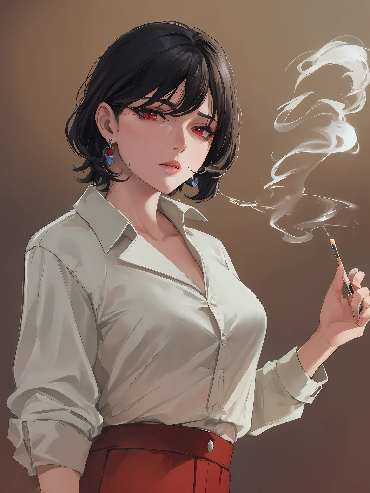 "(cartoon, painting style) portraying a mature woman wearing a white button up and formal pants, earrings, short wavy black hair in a cowboy shot, succulent defined lips, standing and smoking a cigarette from her mouth, colored with dark red lighting, accentuating the makeup - resulting in a masterpiece of the best possible quality."