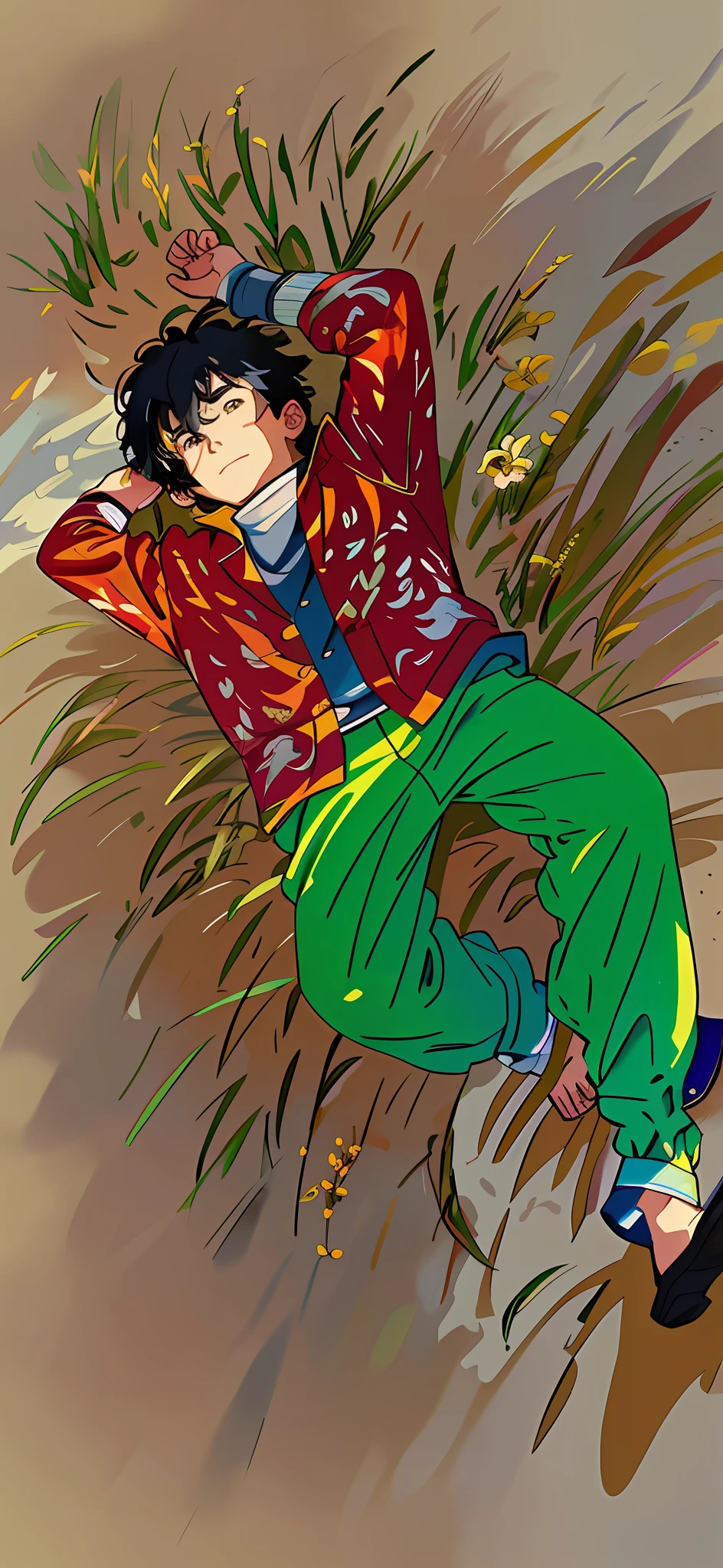 (warm light: 1.2), dry yellow meadow, Asian male farmer, Ge You lying down, an unflattering expression, looking at the sky, sparse stubble, lying on the grass, looking down overhead, messy black hair, clothes of inappropriate size, torn red cotton jacket, torn green cotton pants, Chinese ink painting style, intricate details, volumetric lighting BREAK (masterpiece: 1.2), (best image quality), 4k, super detailed, (dynamic composition: 1.4), rich details and colors, (rainbow colors: 1.2), (glow, Atmospheric Lighting), Dreamy, Magical, (Solo: 1.2)