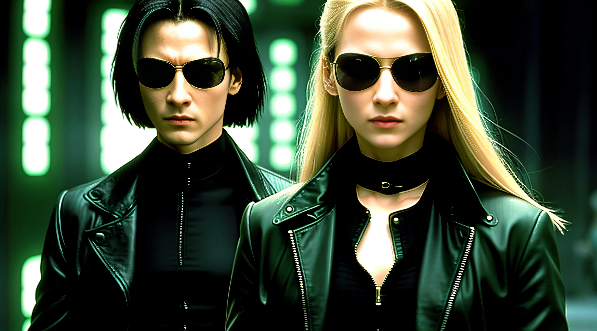 There is a girl RUSSIAN CHILD BOY 10 YEARS OLD, LONG BLONDE HAIR, CLOSE UP, , image of a GIRL in suit and sunglasses walking, matrix, matrix ), matrix), in the new movie matrix, the matrix, in matrix, matrix movie or grading, matrix lut, matrix theme, matrix text, neo from matrix, matrix film pinterest color, welcome to the matrix,  matrix style, matrix symbols in the background, matrix film color