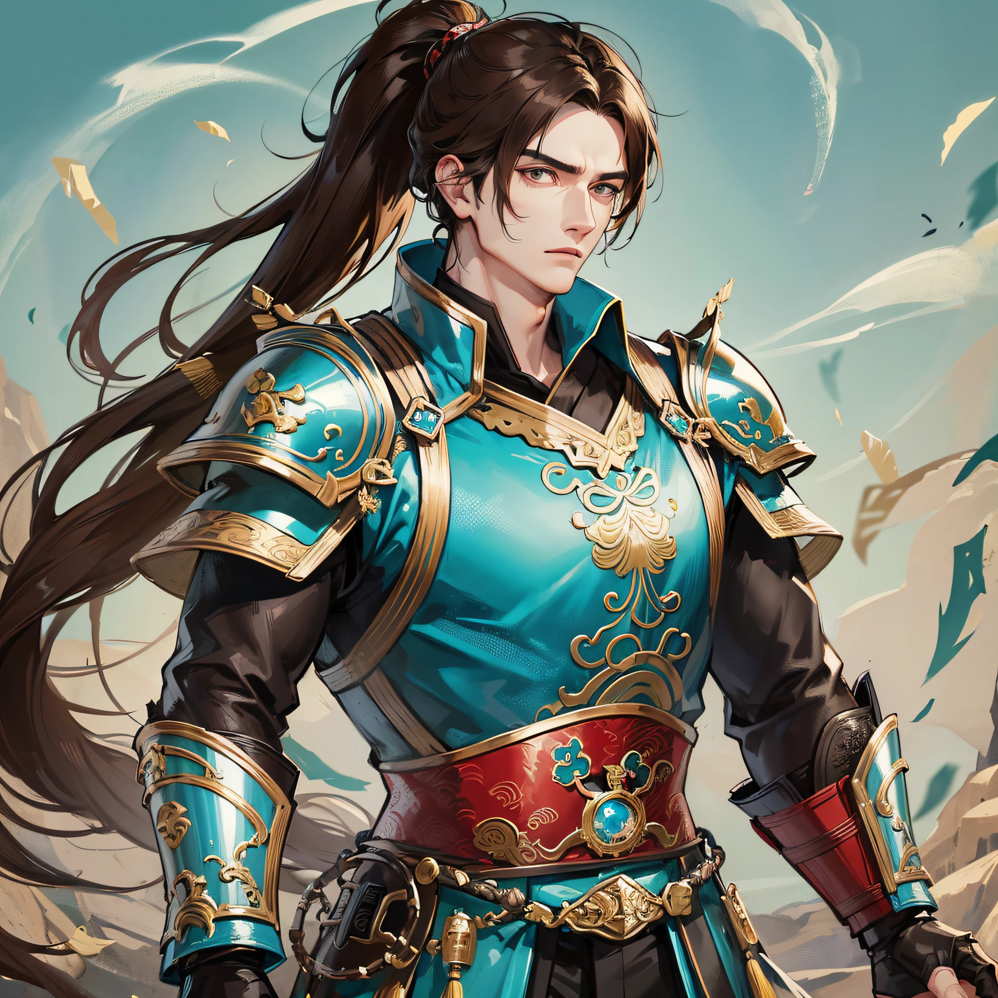 Masterpiece, Excellent, Daytime, 1 Man, Chinese Style, Ancient China, Chinese General, Chinese Iron Armor, Eagle, Turquoise Brown Hair, Brown-Black Eyes, Split Hair, Long Hair, Long Bangs, Ponytail, Handsome, Handsome, Masculine, Serious, Gentle, Tall, Quiet, Unicorn Pattern, Long Sword in Hand