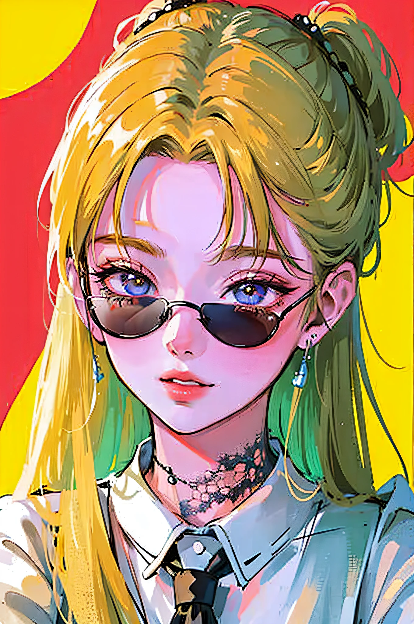 (Portraits:1.4), (masterpiece:1.2, best quality:1.2), from above, upper body, 1girl, Look up, face focus, extremely detailed face, extremely detailed eyes, good-looking, make up, finger on lips, sunglasses, fashion wear, earrings,