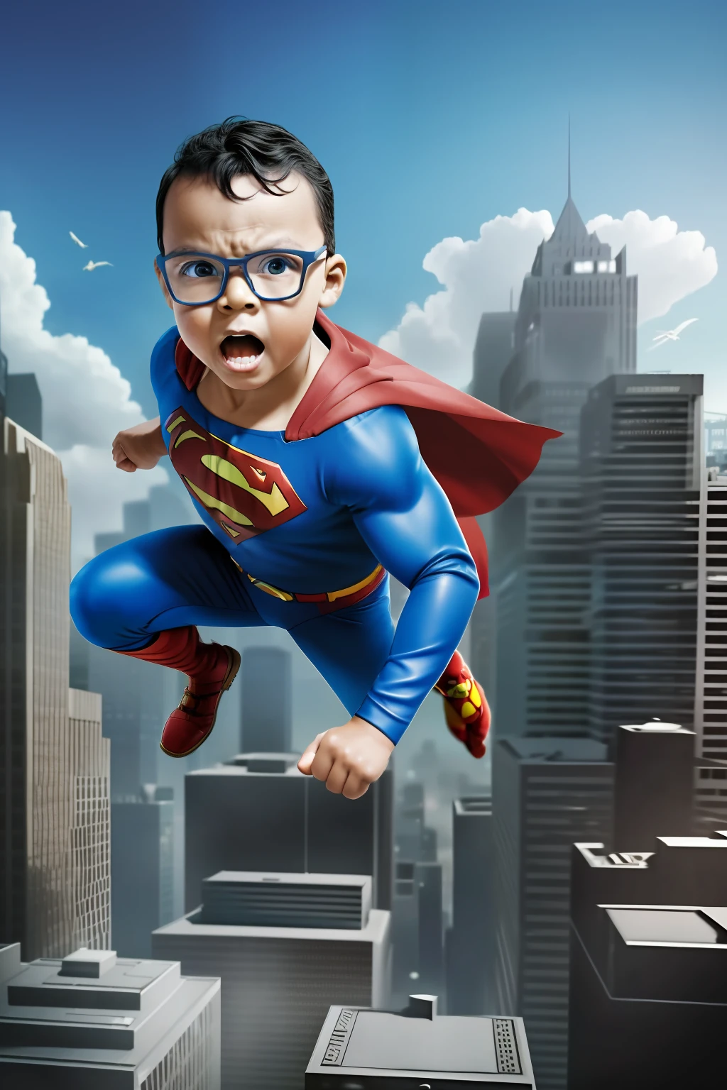 GuttonerdVision4, a -year-boy wing glasses, super detailed, wearing Superman's outfit, flying and floating between tall buildings of a city. Realistic, hyper detailed, cinematic