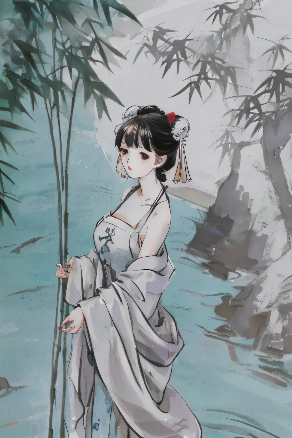 negative space, shuimobysim, girl, woman,bare shoulders, (ecchi0.5), lips, water splash, (trees:0.5), (flowers:0.6) ,(birds:0.2), (bamboo0.1), lakes, Hangzhou, bonian, bonian in background