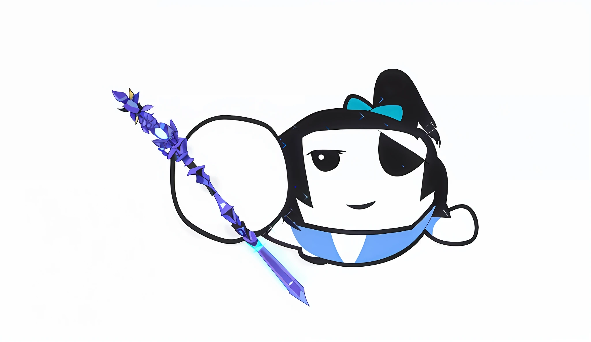There is a cartoon image of a woman wearing a blue bow and a blue and white tie, wielding a water-colored spear, with thick line meme art style, high-quality pictures, waving a spear