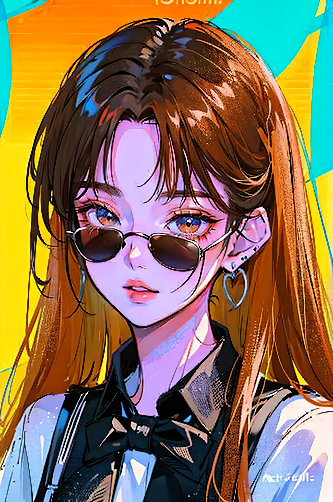 (Portraits:1.4), (masterpiece:1.2, best quality:1.2), from above, upper body, 1girl, Look up, face focus, extremely detailed face, extremely detailed eyes, good-looking, make up, finger on lips, sunglasses, fashion wear, earrings,