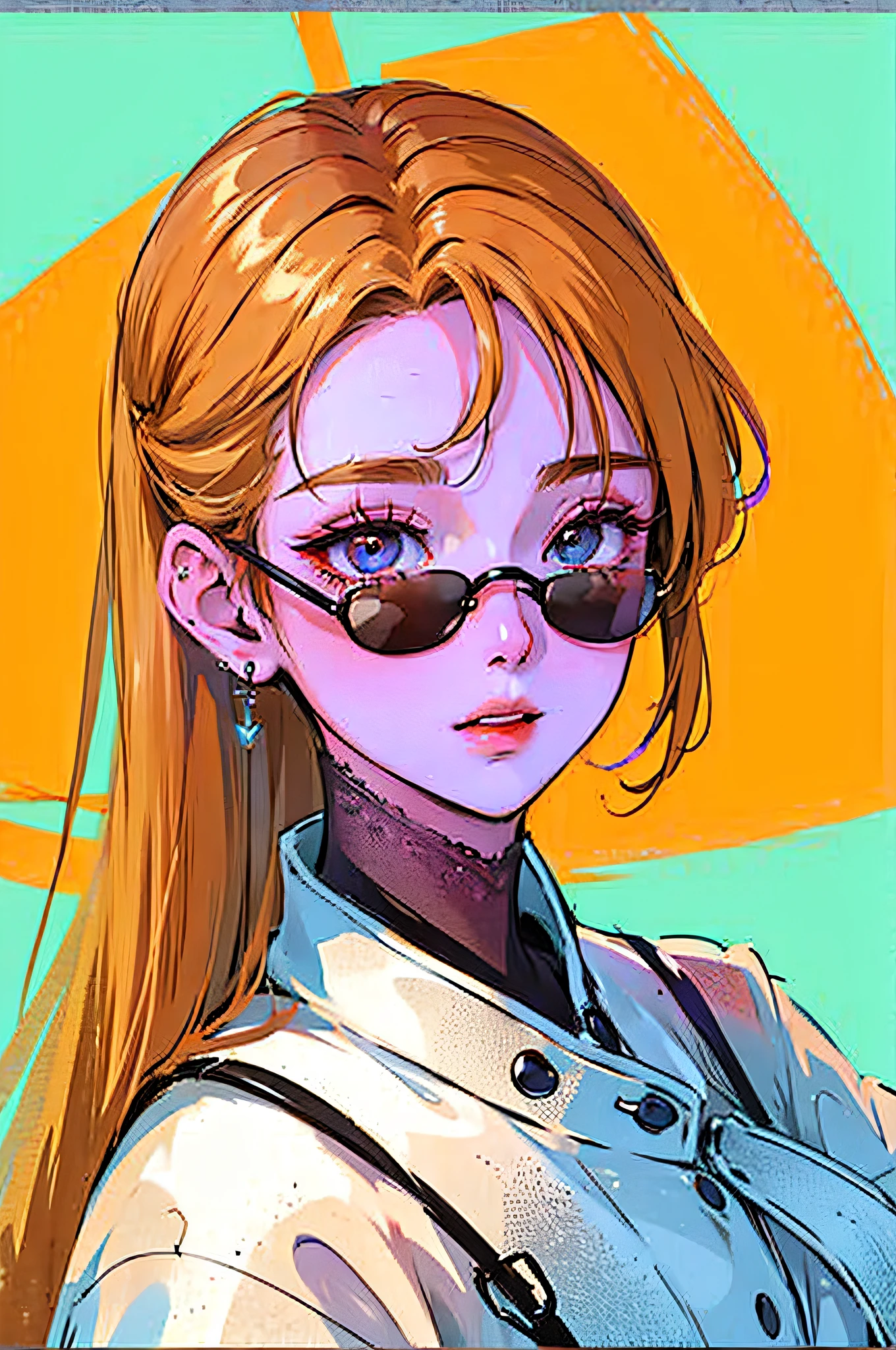 (Portraits:1.4), (masterpiece:1.2, best quality:1.2), from above, upper body, 1girl, Look up, face focus, extremely detailed face, extremely detailed eyes, good-looking, make up, finger on lips, sunglasses, fashion wear, earrings,