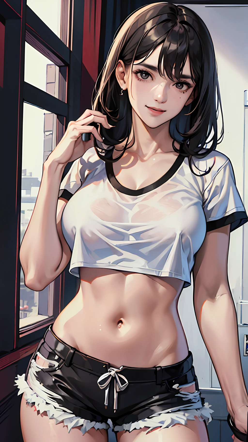 best quality, masterpiece, girl, black hair, black eyes, white T-shirt, shorts, mole under eye, evil smile, textured skin, 16k, highres, big breasts --auto --s2