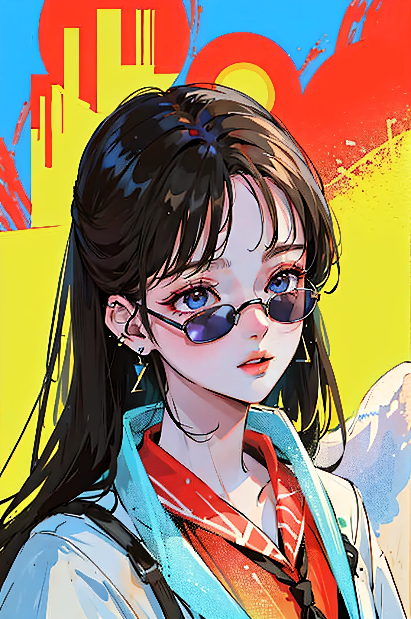 Anime girl with glasses and a red scarf standing in front of a city ...