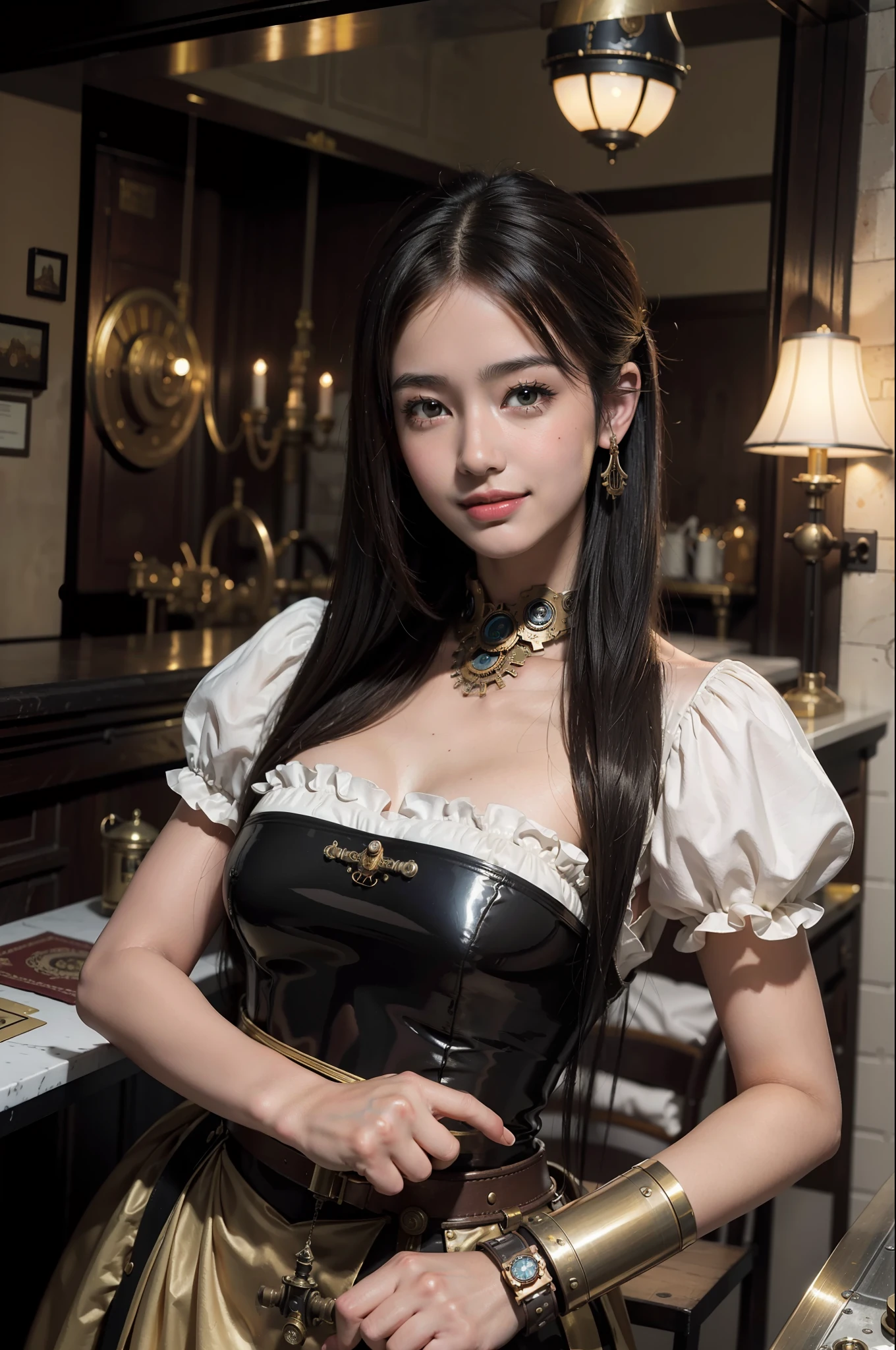 Best Quality, Masterpiece, Ultra High Resolution, Steampunk, Bronze City, Robotic Arm, Heavy Machinery, Steam Engine, Classical British Style, 1girl, 14 years old beautiful girl, Tifa, Asian face, British costume, maid outfit, cute little decoration, monocle, alchemist, smile, upper teeth,