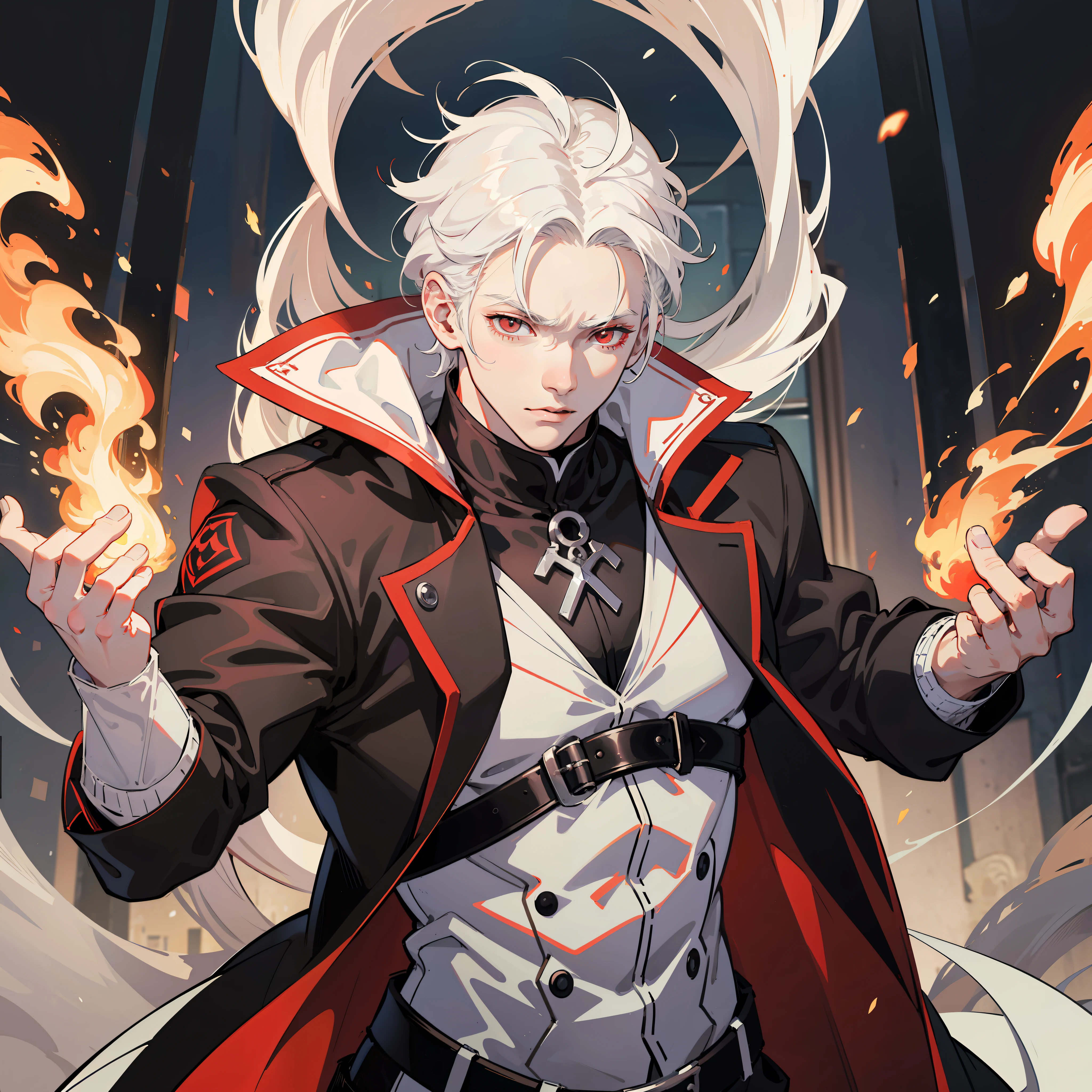 A young albino man with white hair and bright red eyes very muscular with a black overcoat covering his entire body and with his right arm burned throwing fire with his hands, anime