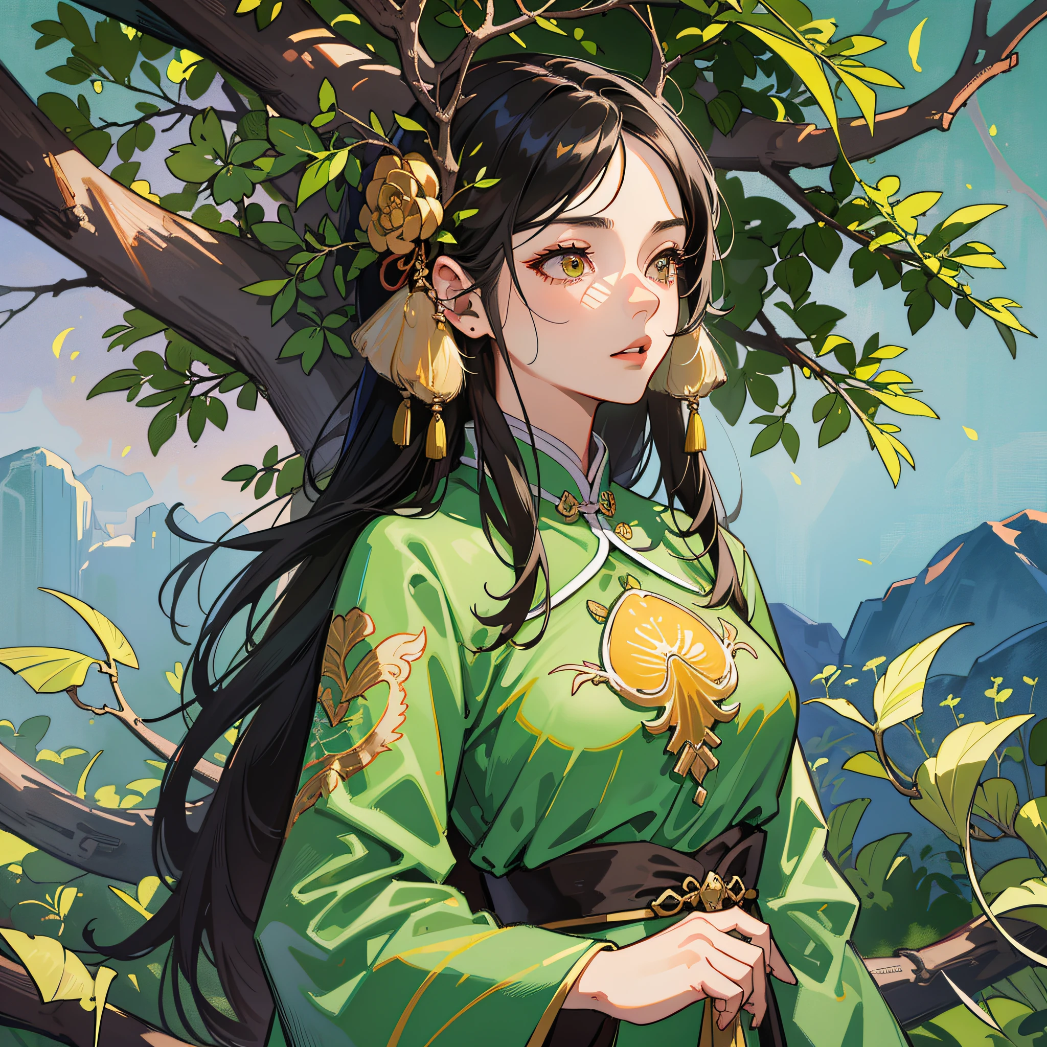 masterpiece, high quality, best quality, beautiful, hd, realistic, perfect lighting, detailed face, detailed body, ((1 woman standing under a locust tree: 20 years old)), looking into the distance, long black hair, Chinese clothing, (Tang dynasty, ancient China), hillside locust tree background