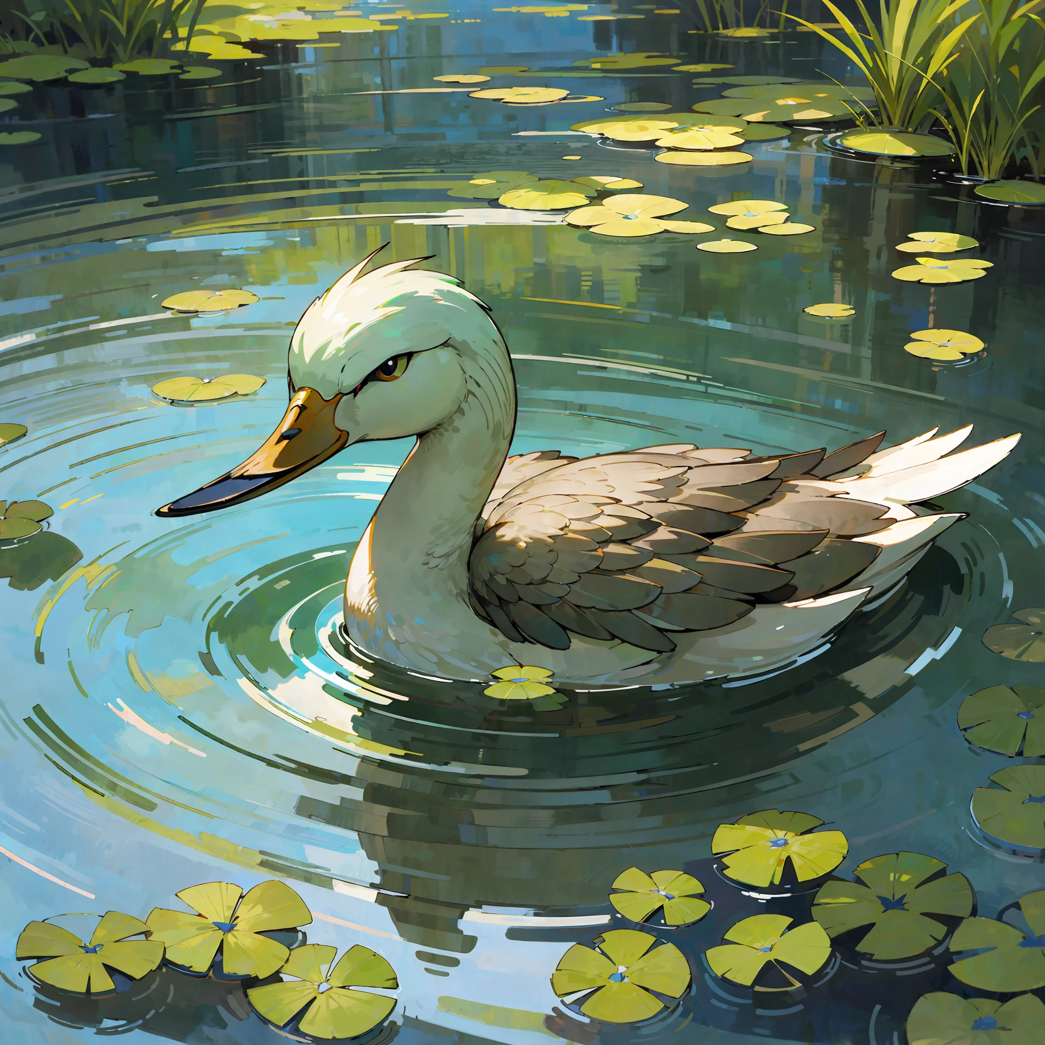 "Generate image of a realistic-looking duck, with detailed feathers and vibrant plumage, in a calm lake of clear water and surrounded by lush vegetation. The duck should be floating serenely in the water, with the sun reflecting on its feathers and a gentle breeze stirring them. The scene should convey tranquility and harmony." --auto --s2