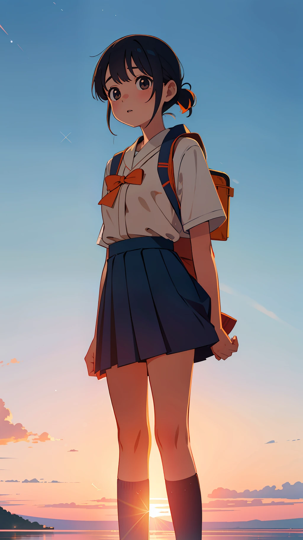 1 girl, standing back to the viewer, facing at the sky, orange blue sky, perfect sky condition, kimi no nawa sky, sunset sky, detailed japanese high school uniform, detailed sky, stars in thr sky, ocean, 8k, medium sized boobs, high school girl