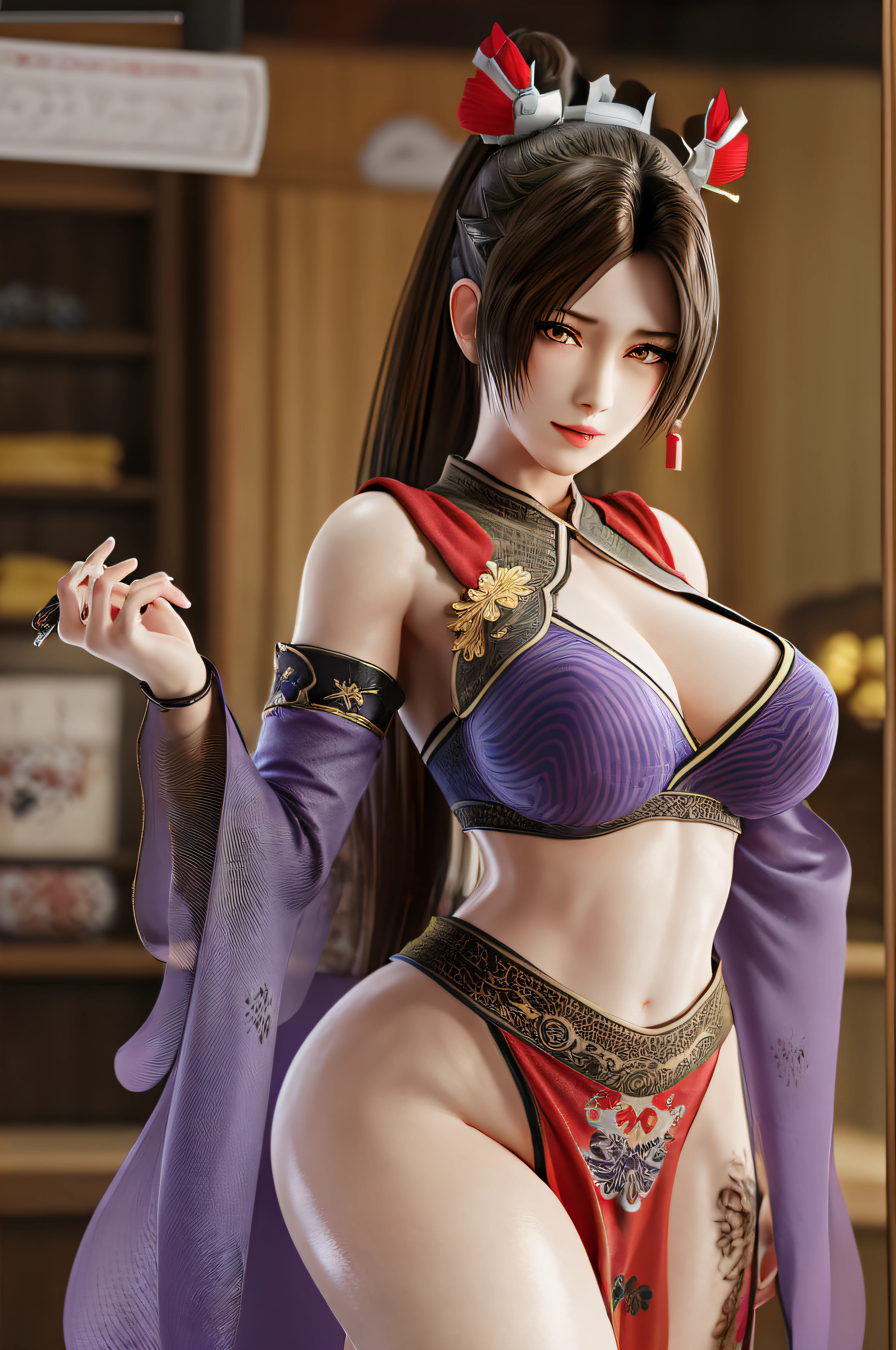 full body,Mai Shiranui , bangs, bare shoulders, black hair, black sweater, blunt bangs, bra, closed mouth, depth of field, hime cut, (huge breasts:1.0),charming cleavage, lips, long hair, looking at viewer, mole under mouth, purple eyes, ribbed sweater, see-through, ( ####irezumi covered the full body##, tattoo, ~+ irezumi),( ancient Chinese palace embroidery clothing;Golden lace), solo, smile,(masterpiece:1.4),(best quality:1.4),(shiny skin),steaming body