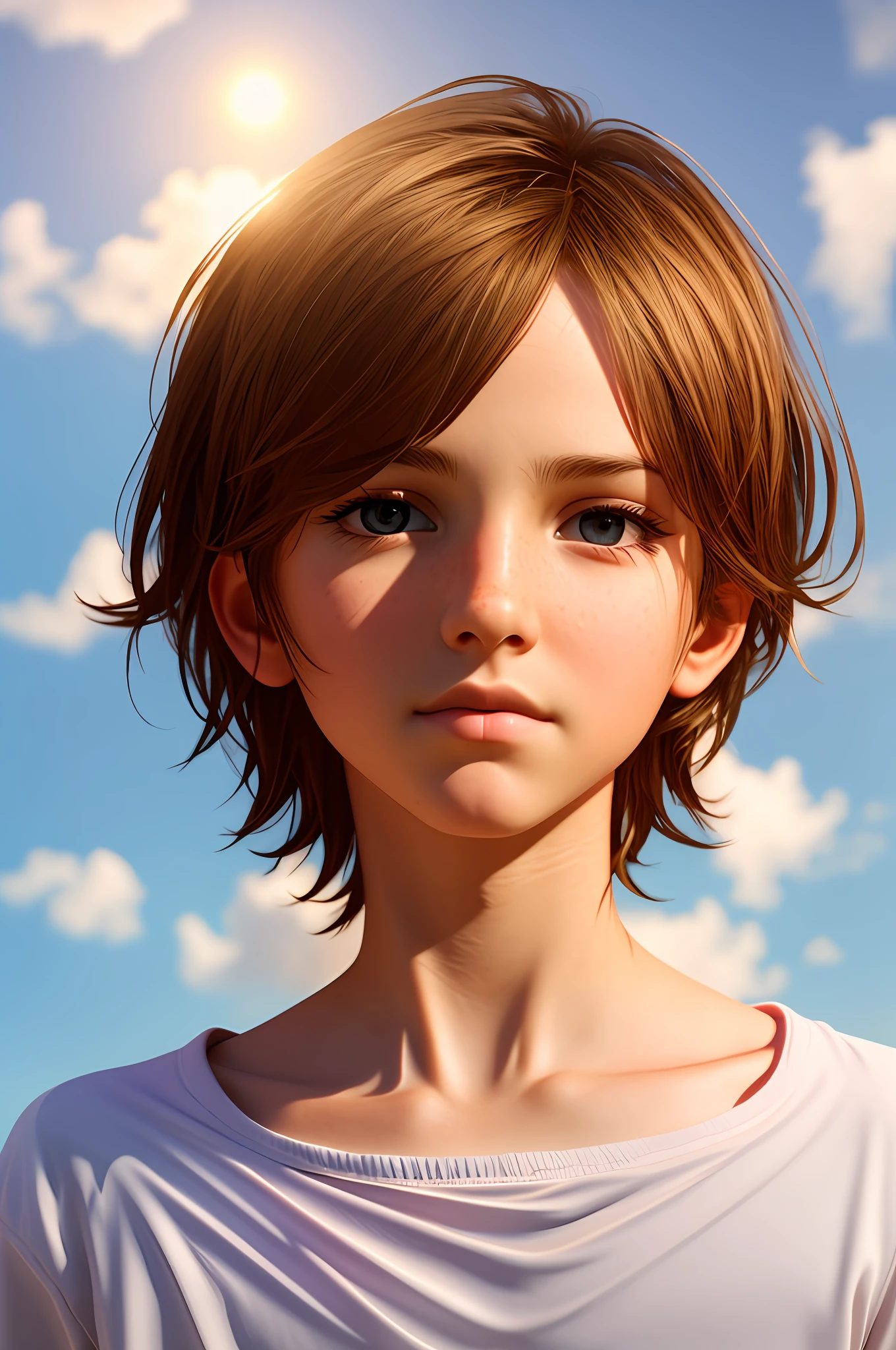 Portrait of a boy, hyper-realistic 3D render with highly detailed features and a realistic skin texture, set against a complex summer-themed background with vivid colors, sunny.