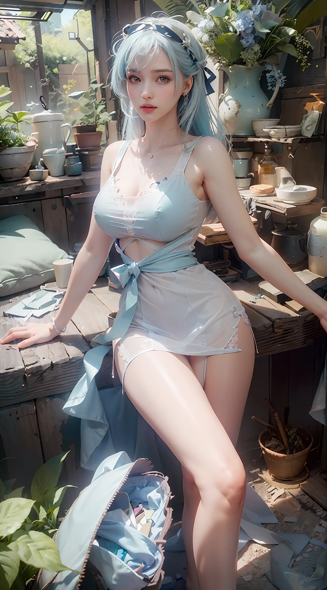 ((Best Quality)), ((Masterpiece)), (Details: 1.4), 3D, A Beautiful Beauty, (Long Light Blue Hair, Ribbon: 1.9), (Plain White Long Dress: 1.7), (Sheer Heels: 1.6) (Green Eyes: 1.5), HDR (High Dynamic Range), Ray Tracing, NVIDIA RTX, Super-Resolution, Unreal 5, Subsurface Scattering, PBR Textures, Post-processing, Anisotropic filtering, depth of field, maximum sharpness and sharpness, multi-layer textures, albedo and specular mapping, surface shading, accurate simulation of light-material interactions, perfect proportions, Octane Render, bicolor light, large aperture, low ISO, white balance, rule of thirds, 8K RAW,