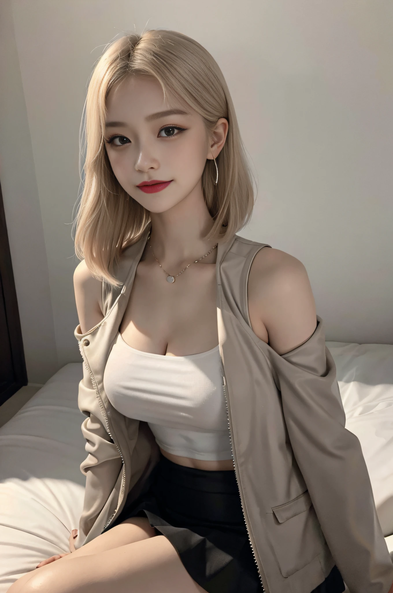 8K RAW photos, 17-year-old cool Korean, big round breasts, cleavage, beautiful abs, sleeveless, short length formal jacket, cropped length tops, skirts, eyes beautiful in detail, eyelashes, beautiful double eyelids, eye shadow, slit eyes, sanpaku eyes, perfect eye makeup, evil smile, beautiful thin legs, bright blonde hair, various hairstyles, earrings,