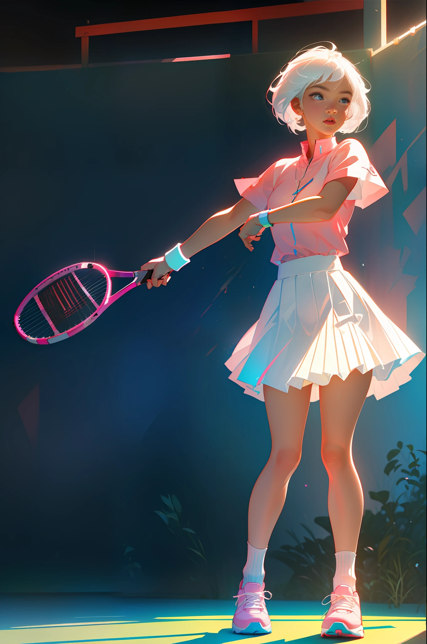 Highest quality, perfect masterpiece, perfect art, 8K, (young and energetic girl, tennis, wearing pink-blue-red color-block sneakers, urban tennis style dressing, top is clean babes white T-shirt, light blue pleated skirt, socks with white as the main color pink stripes, with tennis rackets, the environment is a tennis court; The weather is clear and cloudy; The overall color tone is bright; thick coating style; , delicate face, white hair girl, (white hair: 1.3), medium and short hair, (black background: 1.3), pearl illusion, cyberpunk, fashion trends, 3s material, HD, detail performance, c4d, 3D, octane rendering, ray tracing, complex details, animated lighting, OCrenderer, 8k,