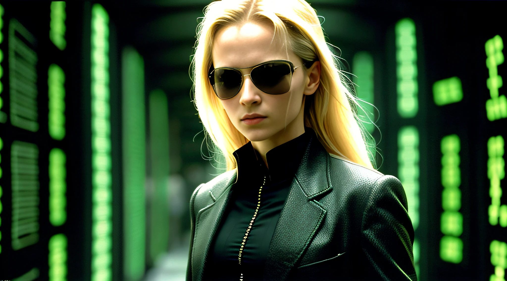 There is a girl RUSSIAN CHILD GIRL 10 YEARS OLD, LONG BLONDE HAIR, CLOSE UP, , image of a GIRL in suit and sunglasses walking, matrix, matrix ), matrix), matrix), in the new movie matrix, the matrix, in matrix, matrix movie or grading, matrix lut, matrix theme, matrix text, neo from matrix, matrix film pinterest color, welcome to the matrix,  matrix style, matrix symbols in the background, matrix film color