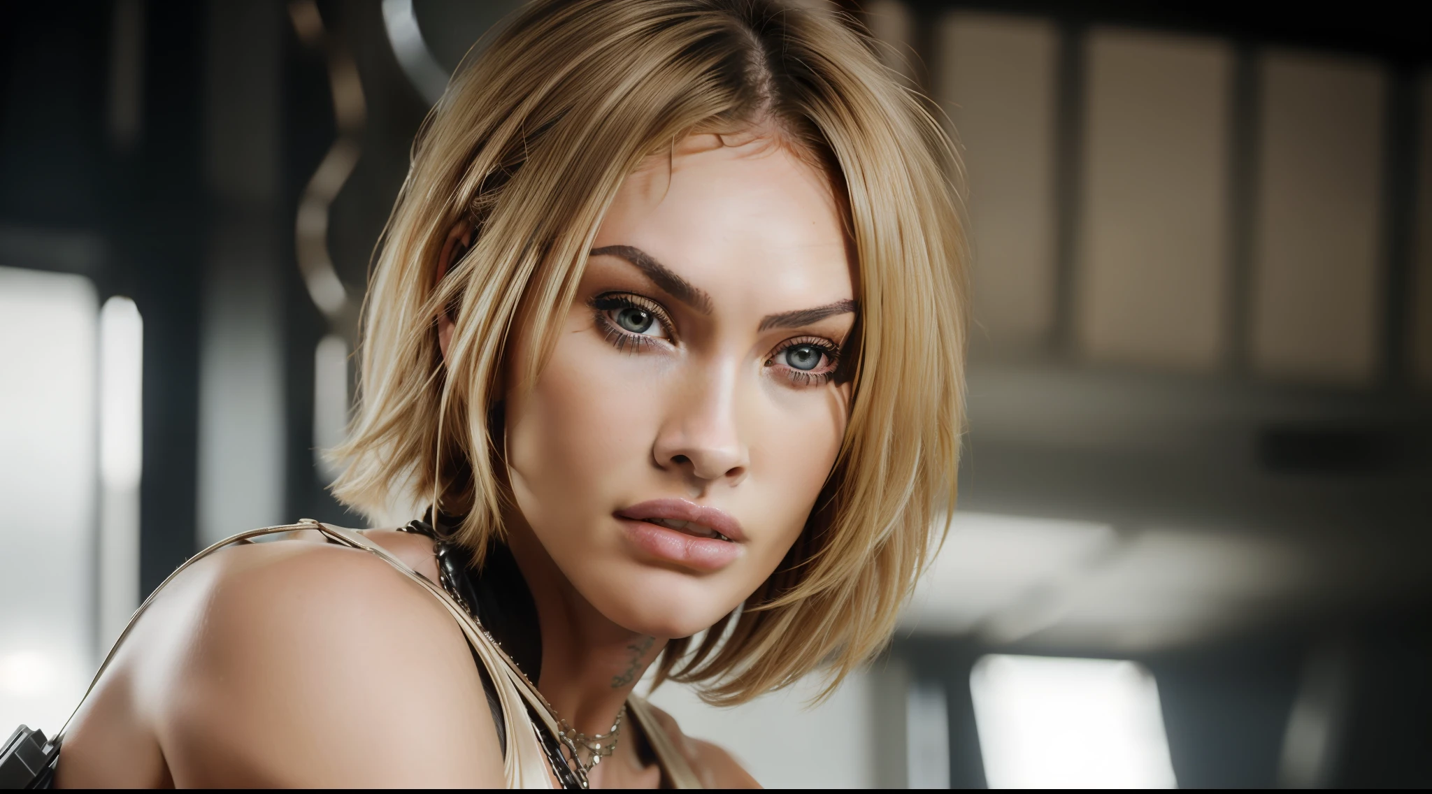 award-winning photo from waist up, ((best quality)), ((ultra res)), ((photorealistic)), (intricate details), 19 years, (Megan Fox ), blonde hair, perfect face, makeup:1.5, light on face, face detail, NAKED, short hair, cyberpunk clothes