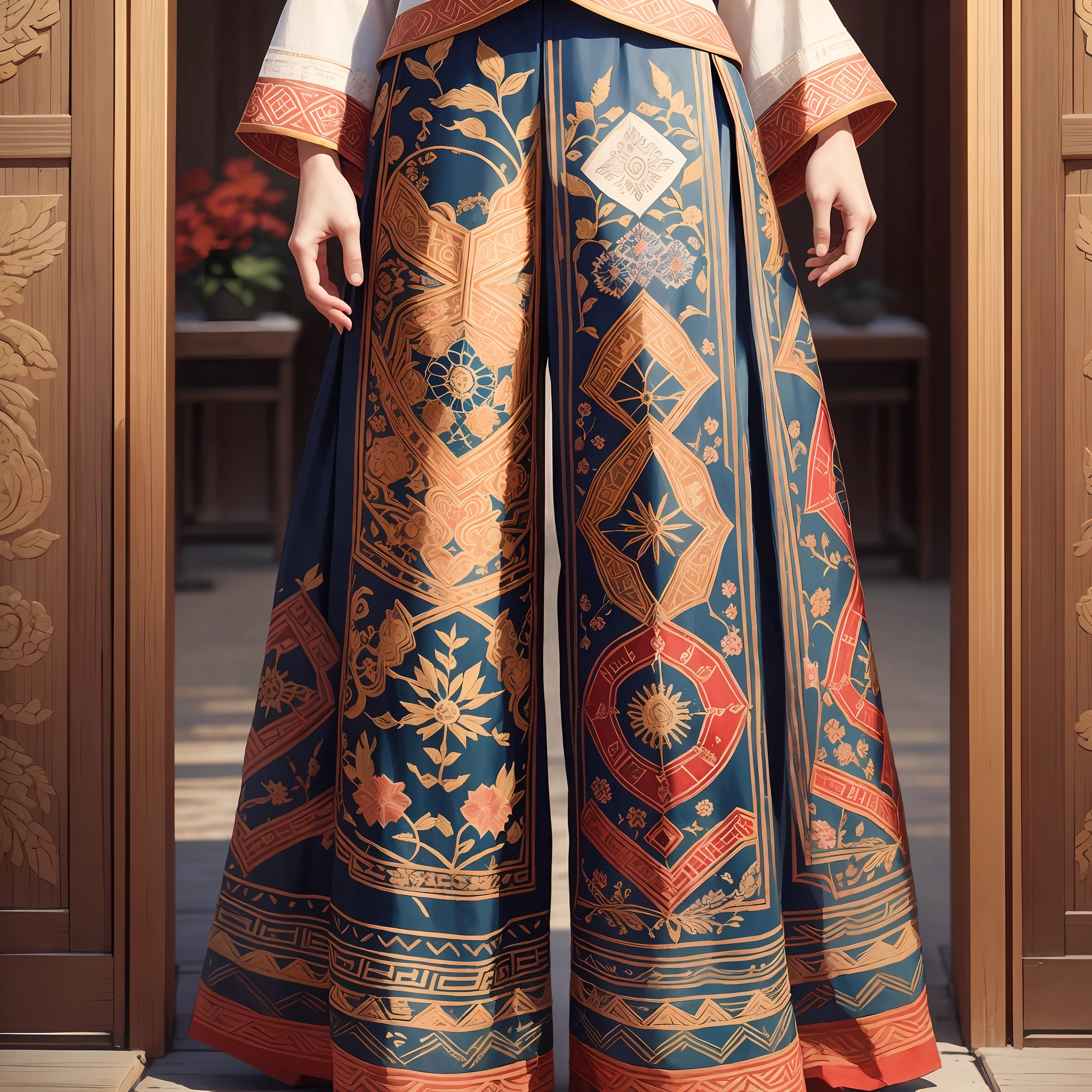 Inspired by Dai culture, design a beautiful hand-embroidered skirt with Dai traditional patterns and colors on the clothes, showing the beauty and mystery of the Dai people, white background.