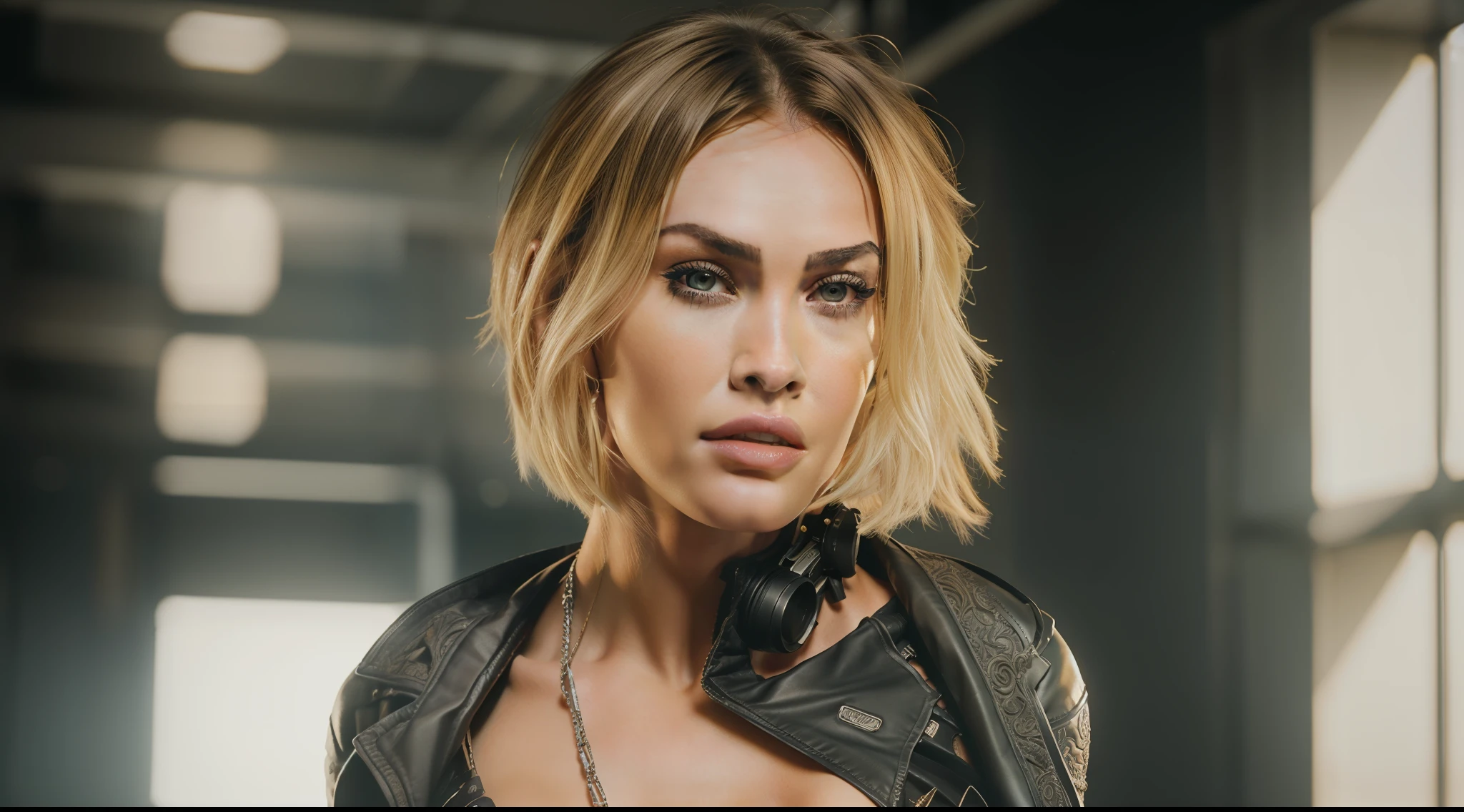 award-winning photo from waist up, ((best quality)), ((ultra res)), ((photorealistic)), (intricate details), 19 years, (Megan Fox ), blonde hair, perfect face, makeup:1.5, light on face, face detail, NAKED, short hair, cyberpunk clothes