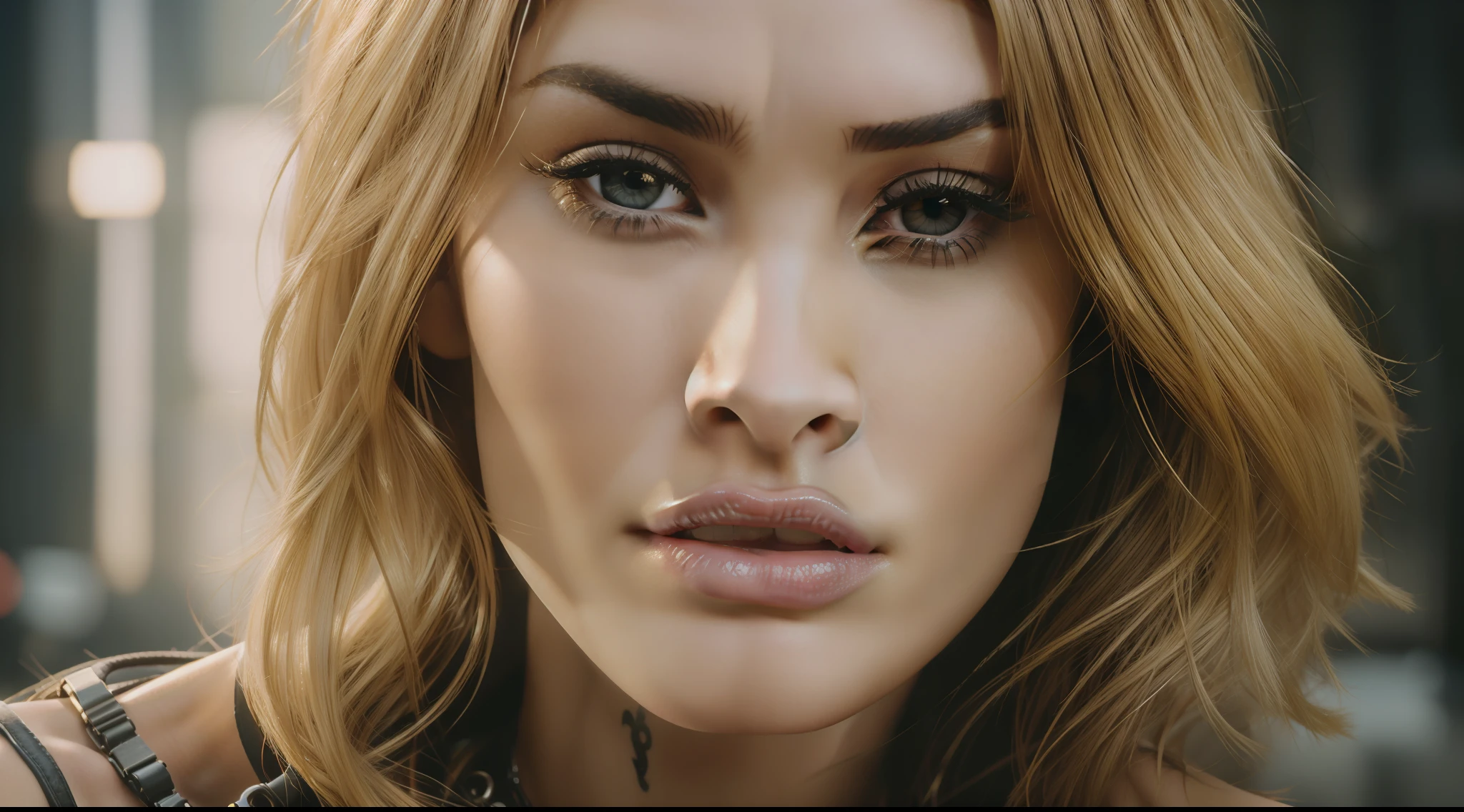 award-winning photo from waist up, ((best quality)), ((ultra res)), ((photorealistic)), (intricate details), 19 years, (Megan Fox ), blonde hair, perfect face, makeup:1.5, light on face, face detail, NAKED, short hair, cyberpunk clothes