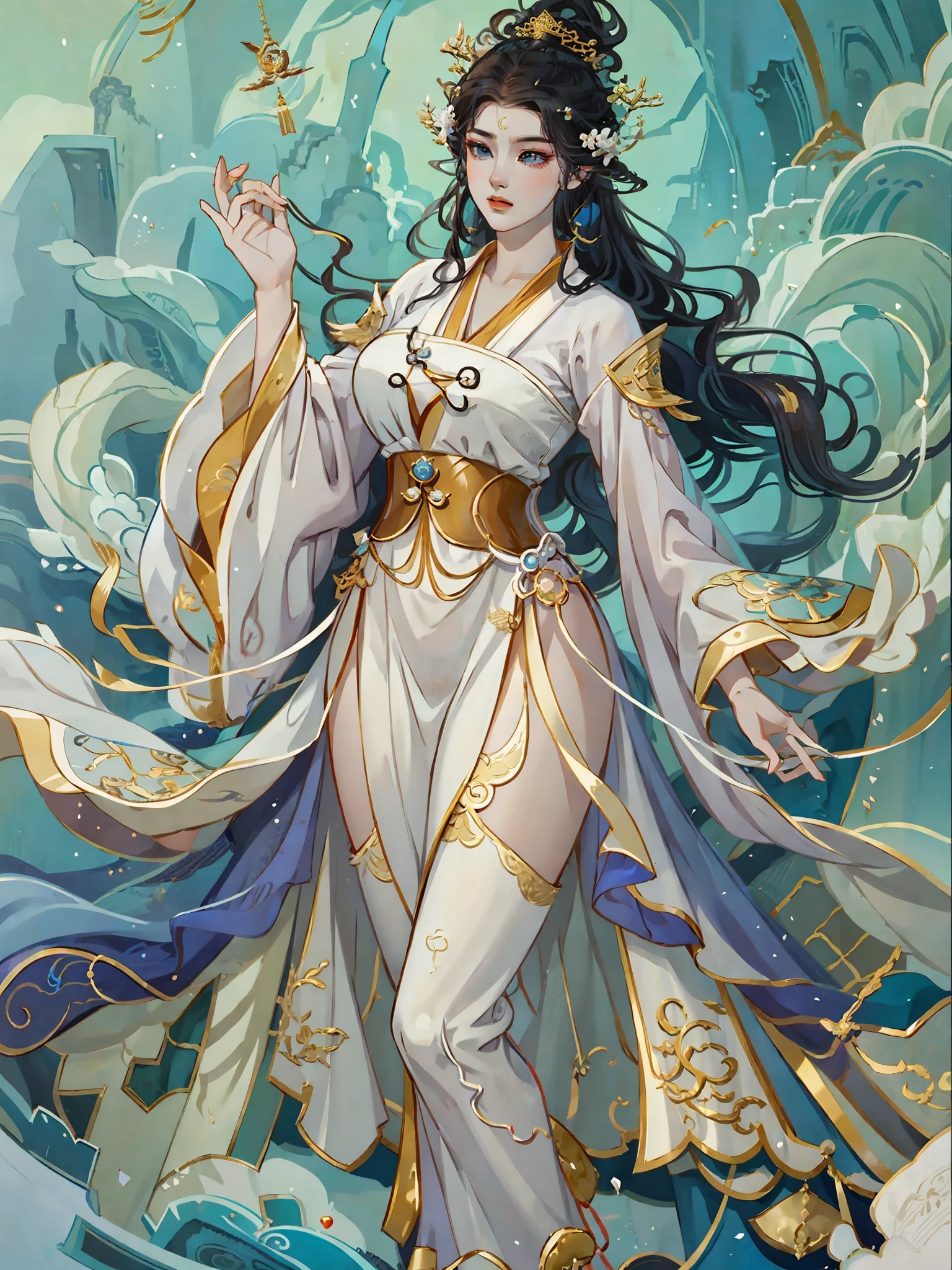 a close up of a woman in a white dress with a sword, full body xianxia, yun ling, queen of the sea mu yanling, game cg, a beautiful fantasy empress, inspired by Li Mei-shu, trending on cgstation, xianxia fantasy, xianxia, inspired by Lan Ying, xianxia hero, yang qi --auto --s2